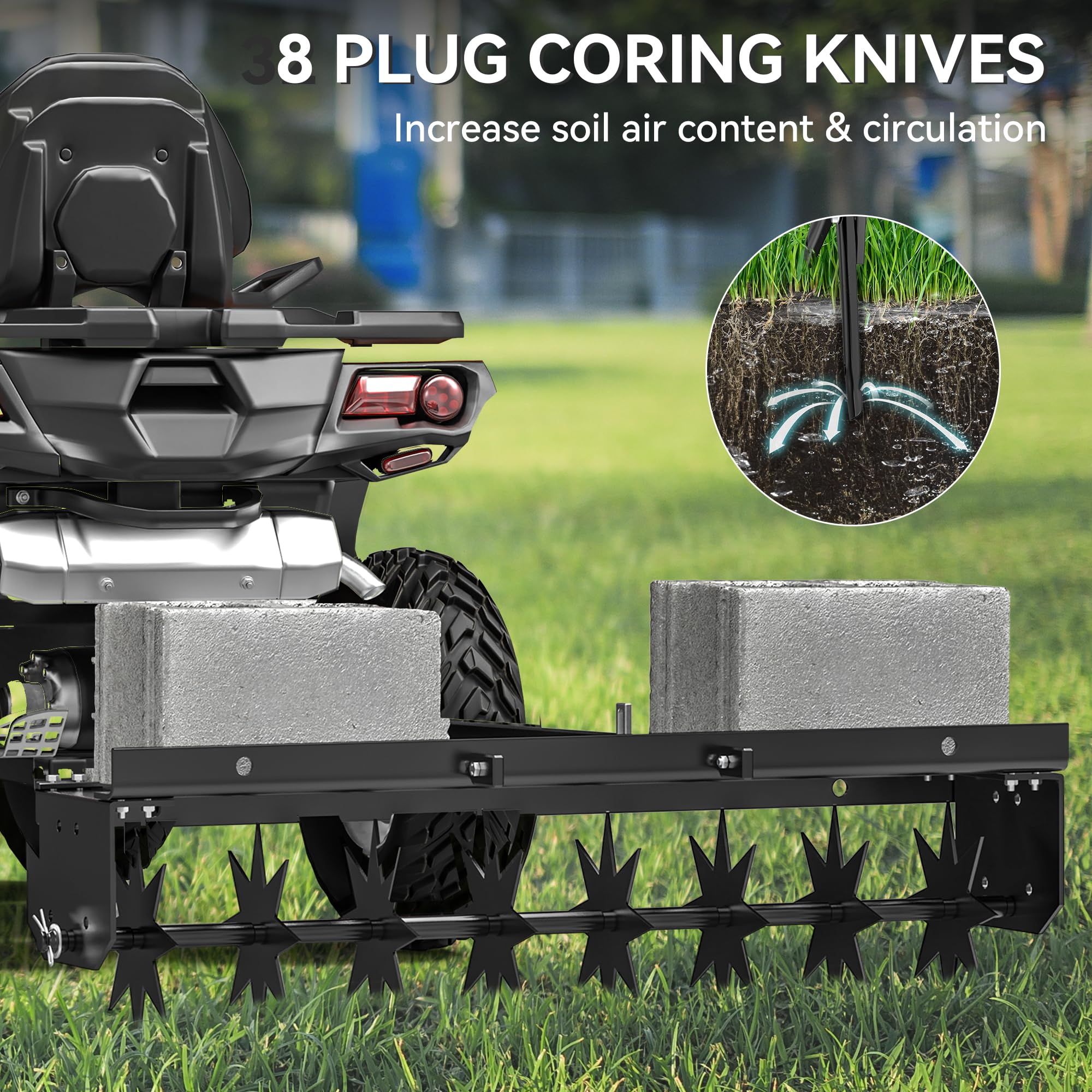 YINTATECH aerator beside ruler showing 32-inch working width for scale