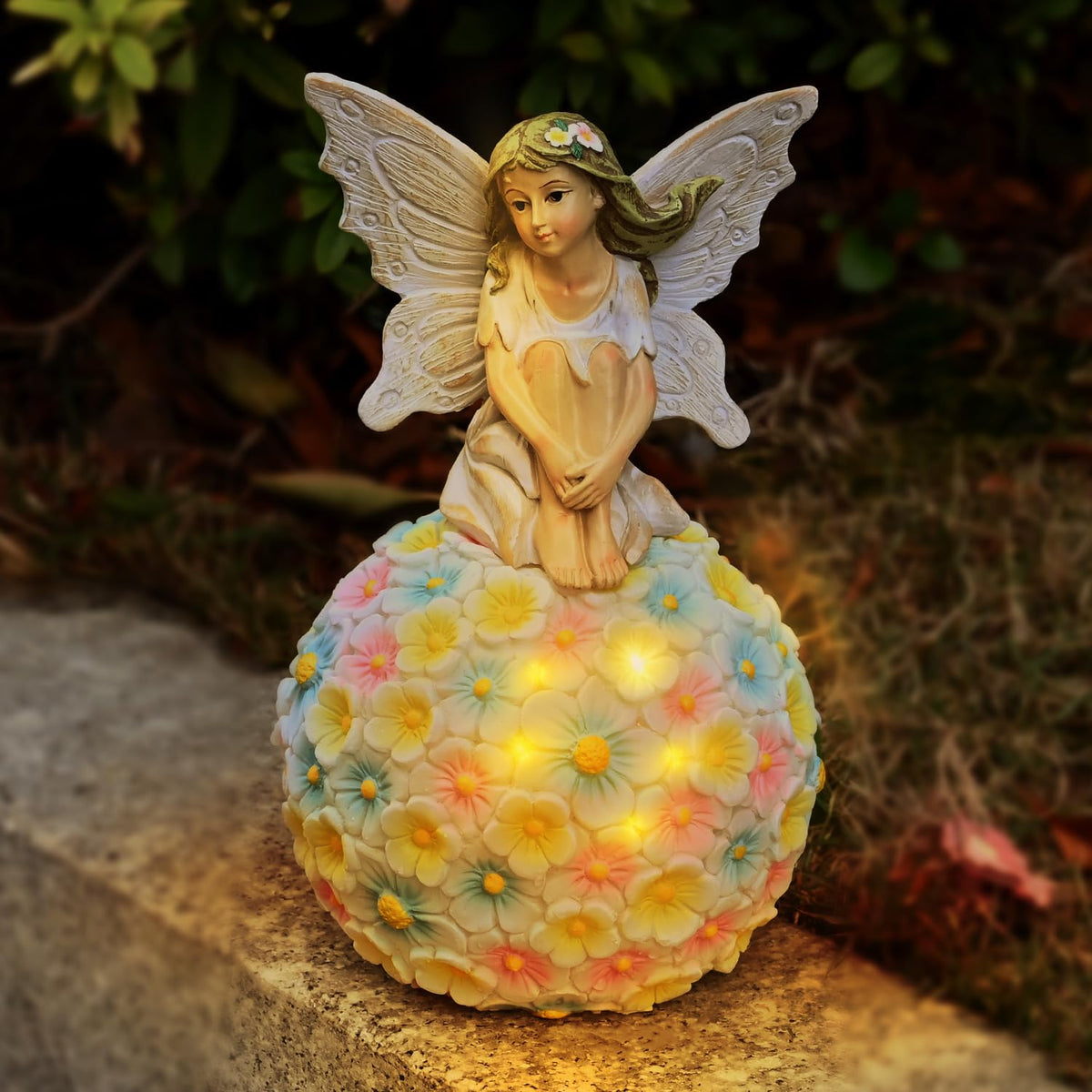 Yiosax fairy front view showing statue and decorative solar flower, enhances curb appeal