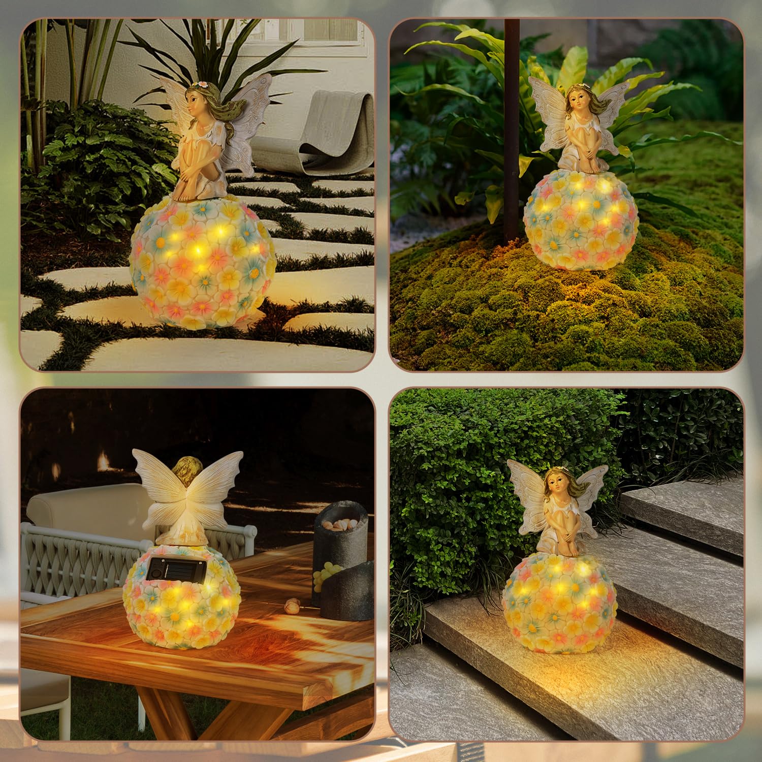 Yiosax fairy with water droplets, displays weather-resistant finish and durability