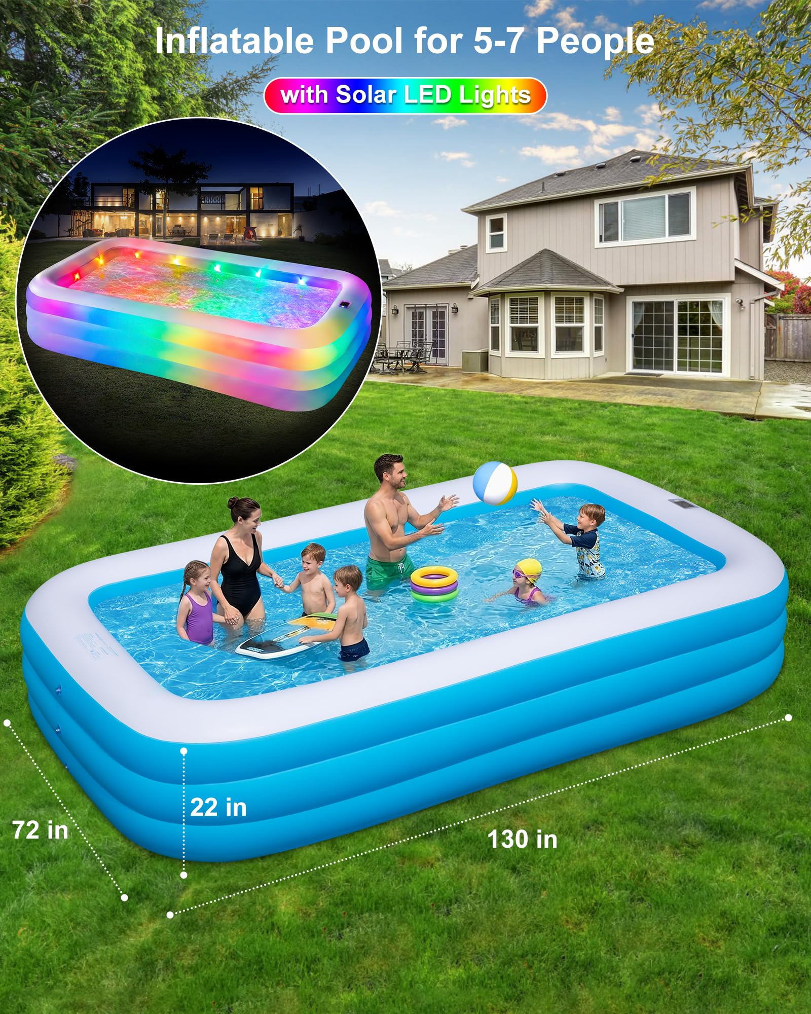 YIPYOP pool lit at night with solar lights creating safe evening ambiance