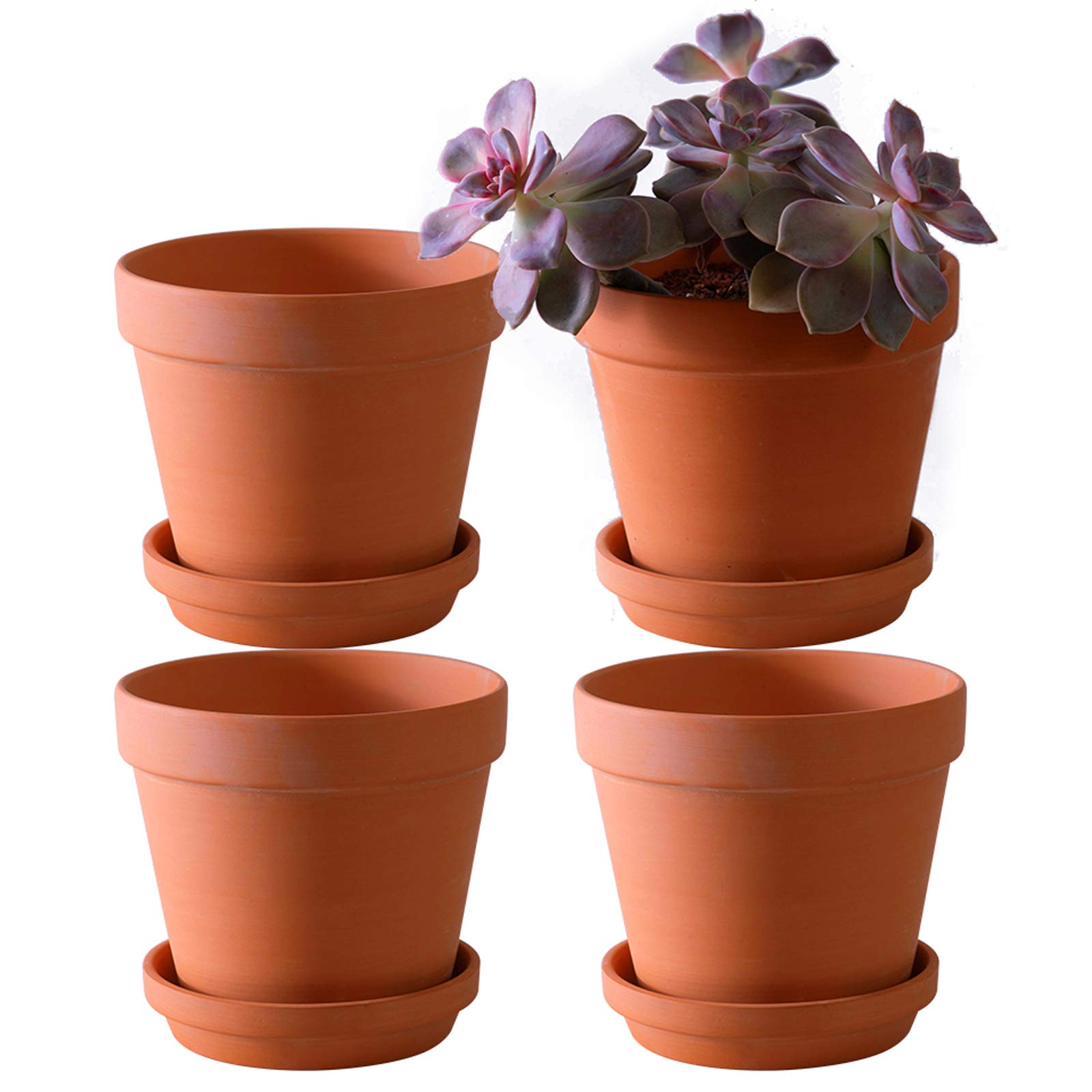 Yishang front view of four terracotta pots with saucers showing neat set and benefit of organized display
