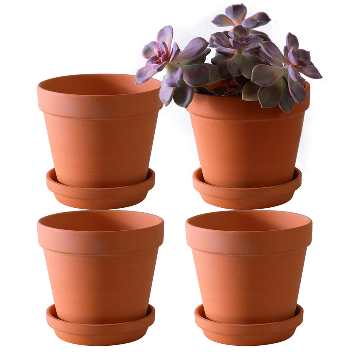 Yishang front view of four terracotta pots with saucers showing neat set and benefit of organized display