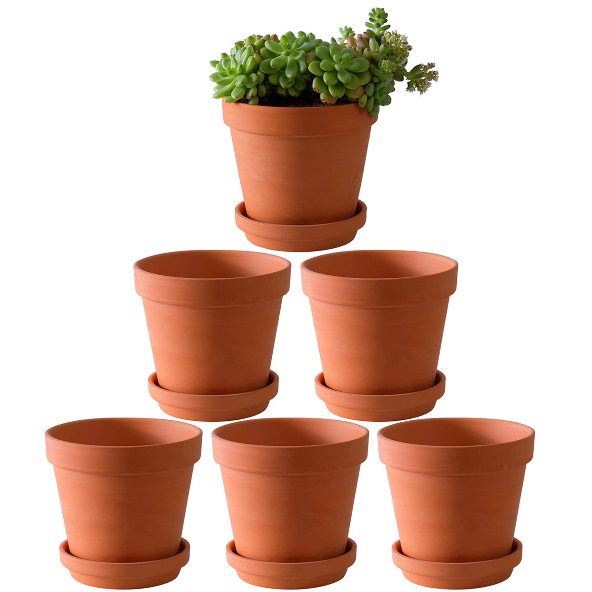 Yishang front view packaged set showing six terracotta pots and saucers, ready to plant