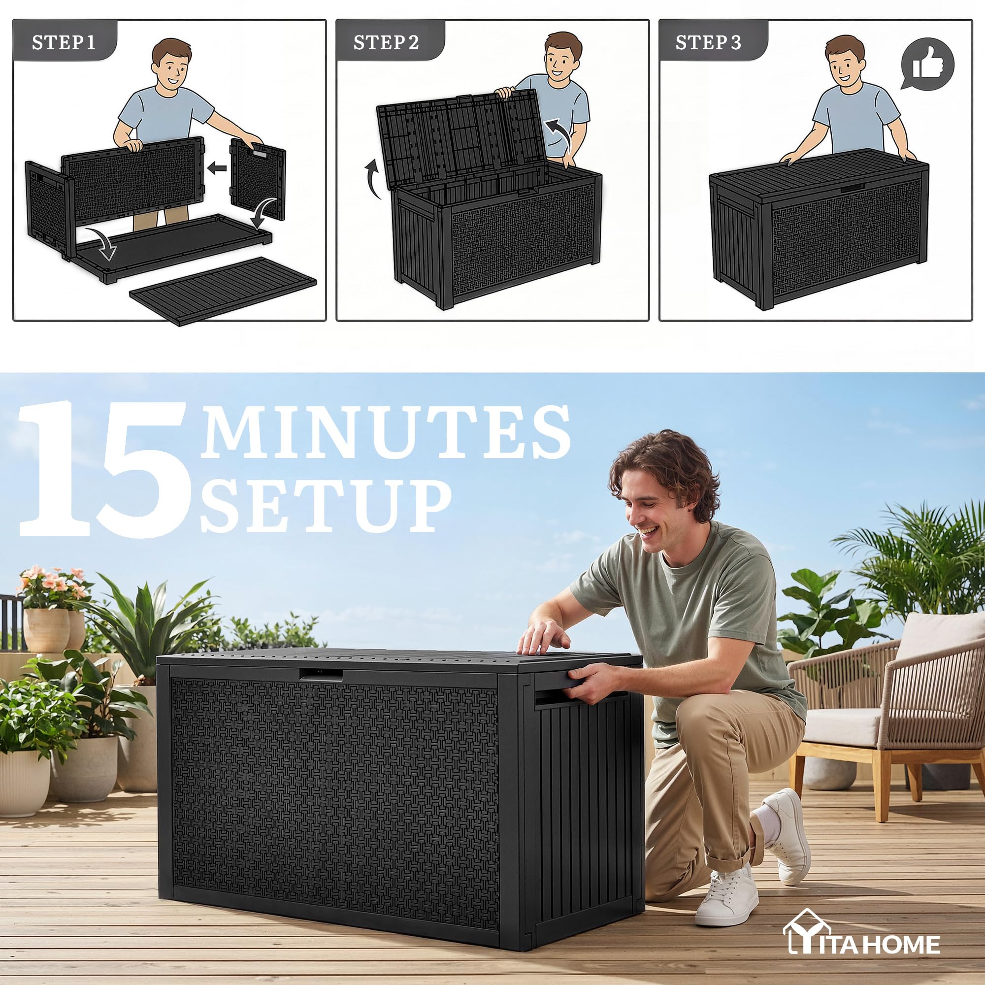 YITAHOME fully assembled beside packaging showing quick snap-together setup advantage