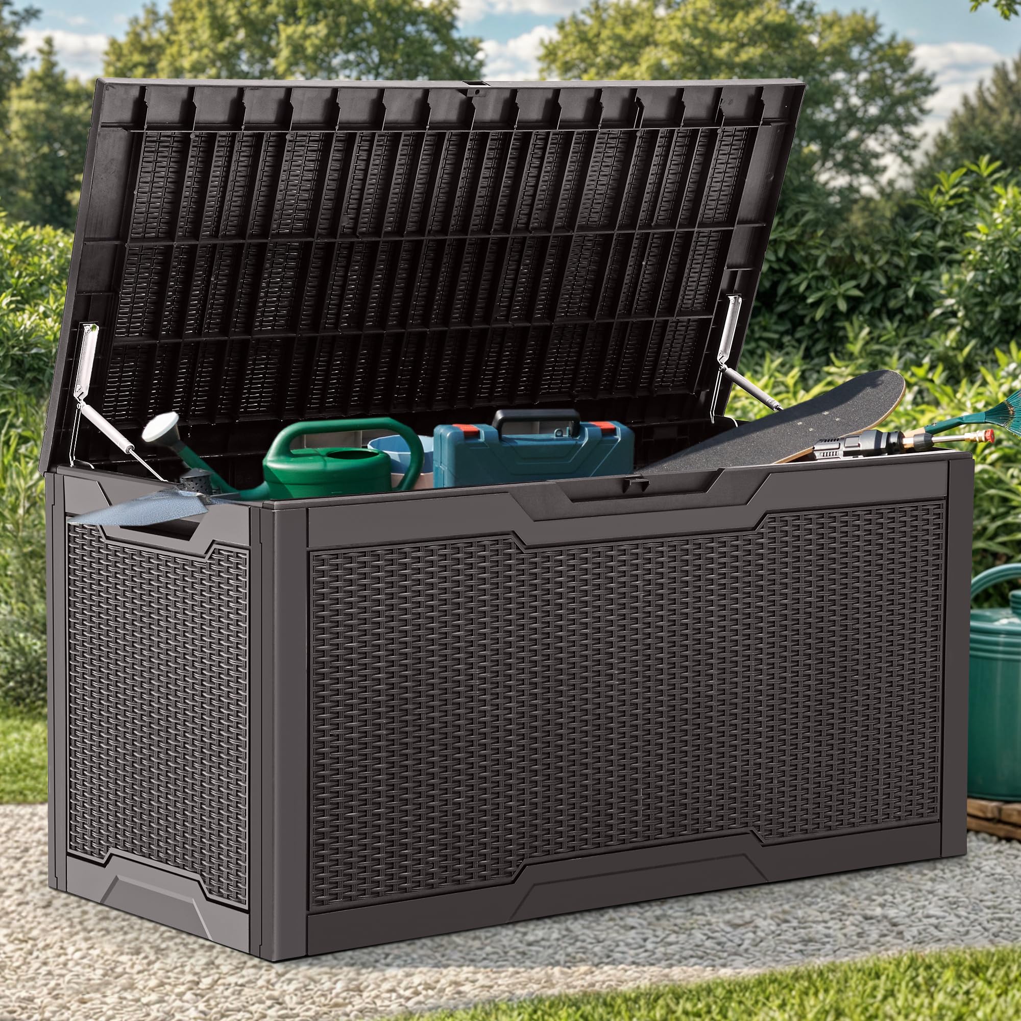 YITAHOME deck box front view showing weather-resistant storage and tidy patio benefit