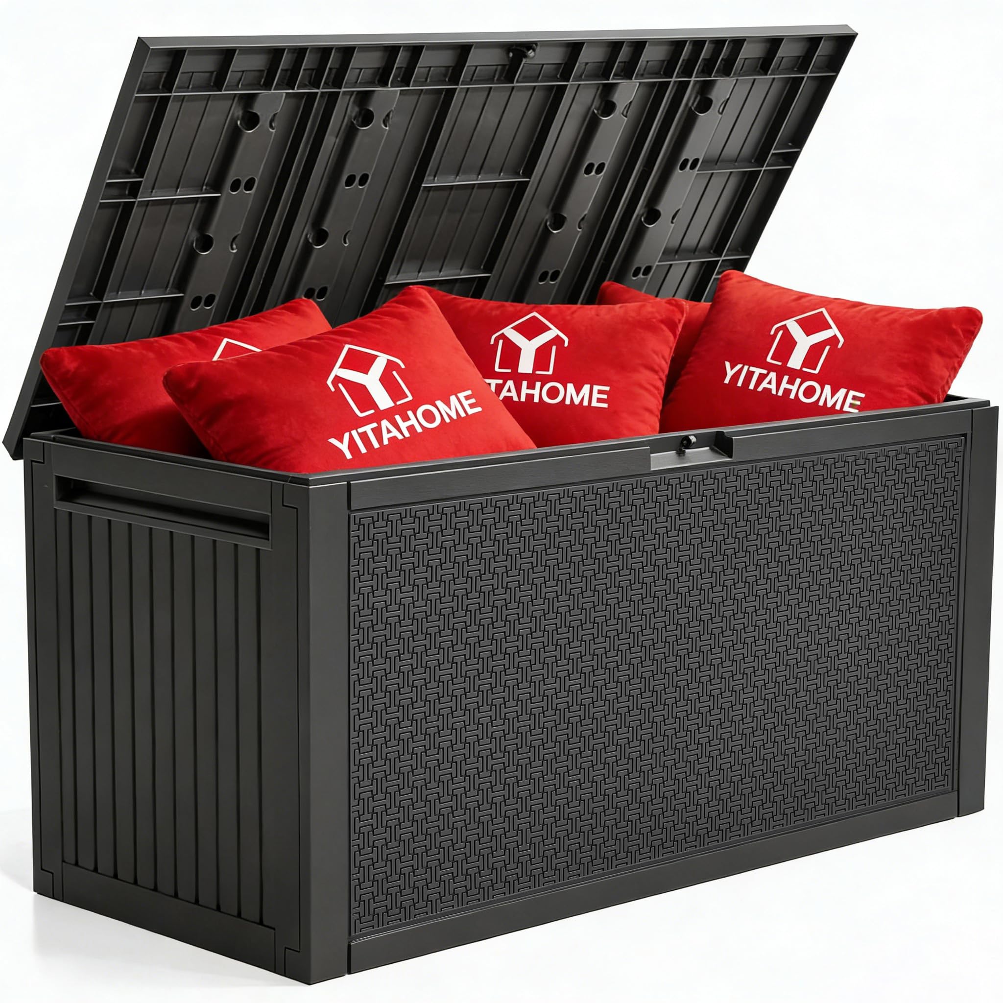 YITAHOME front view showing full storage capacity and modern weave benefit