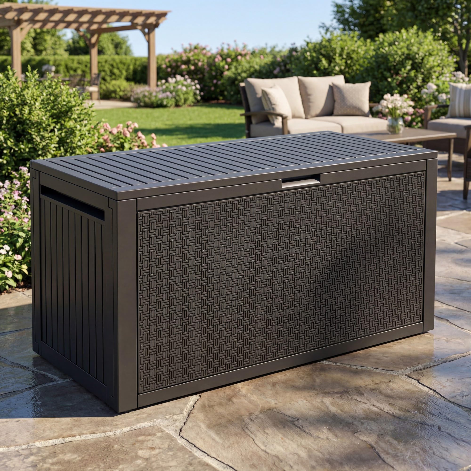 YITAHOME deck box front view showing sleek maze-weave and organized storage benefit