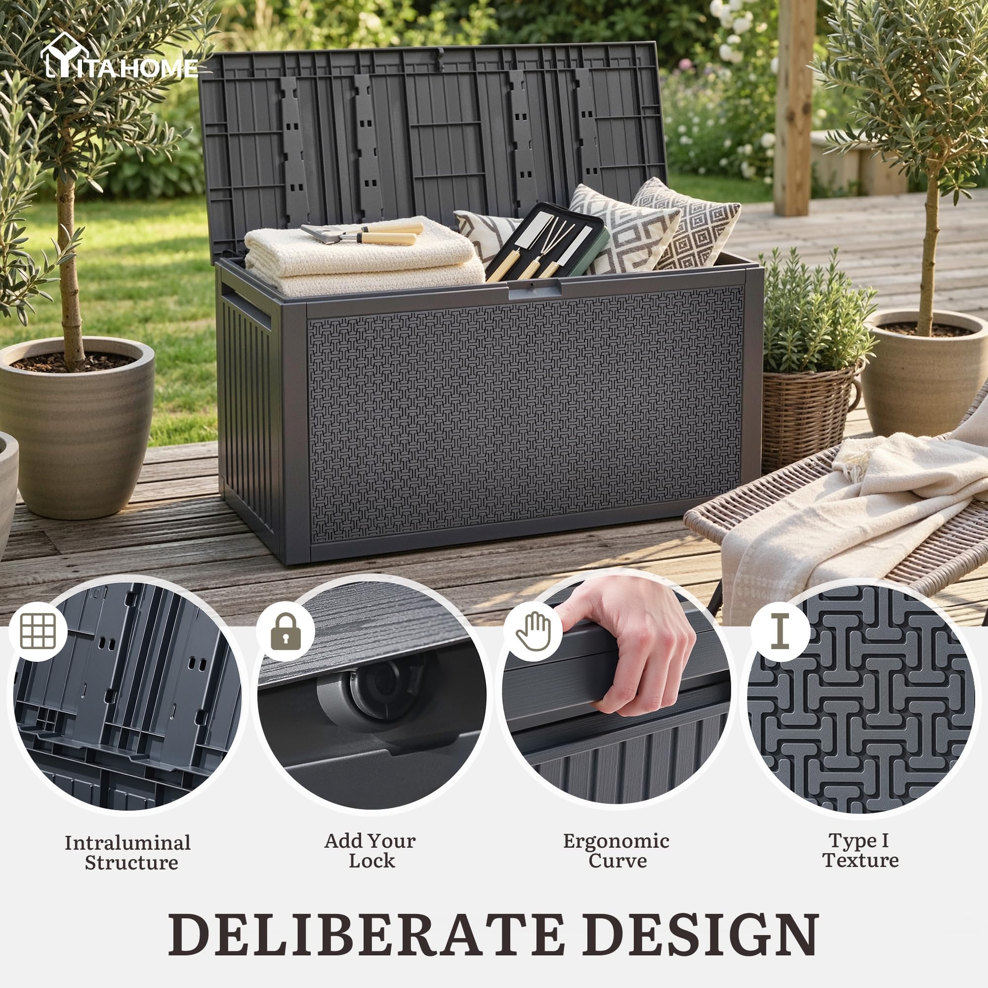 YITAHOME open lid revealing 95-gallon interior for organized storage