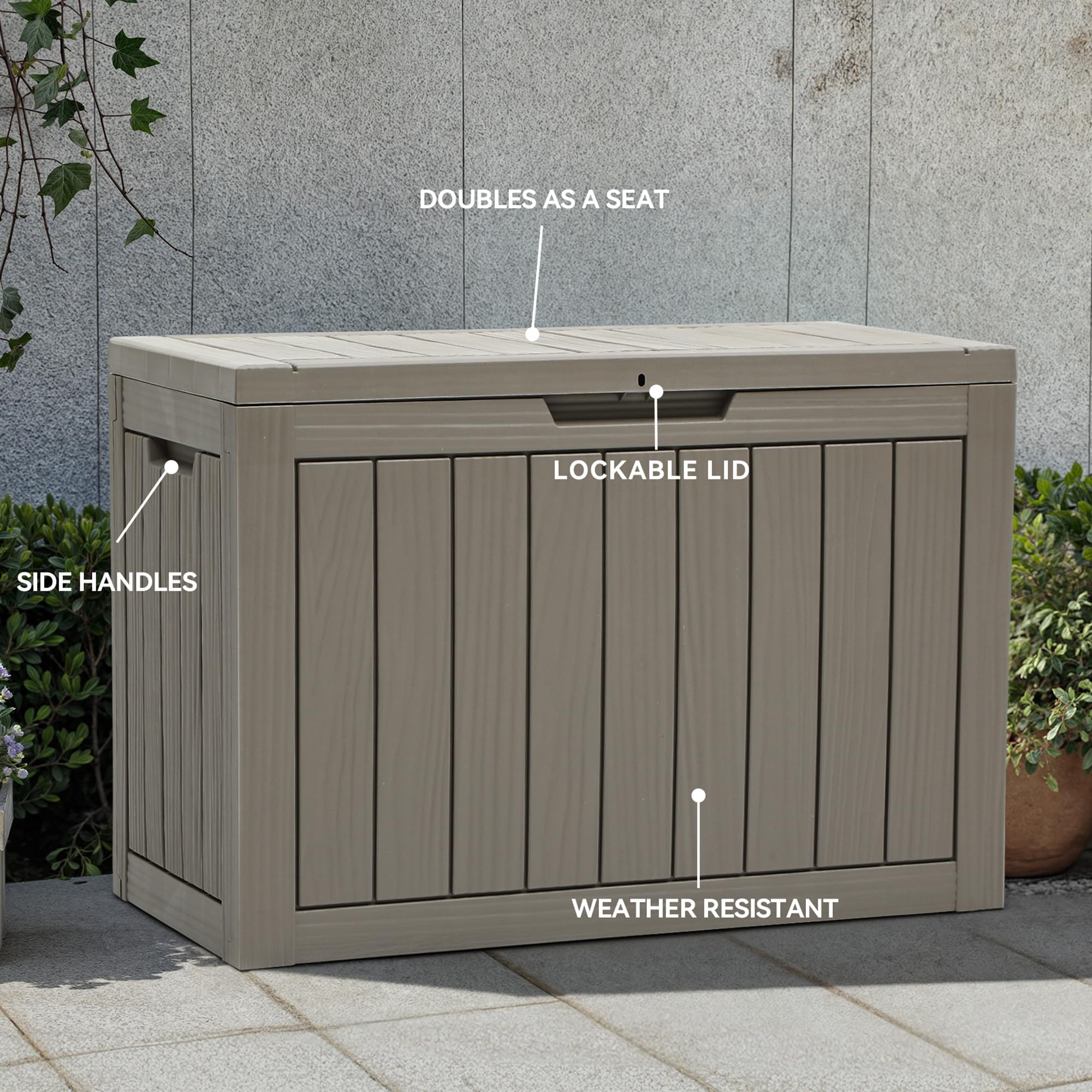 YITAHOME deck box next to chair to show size and placement benefit