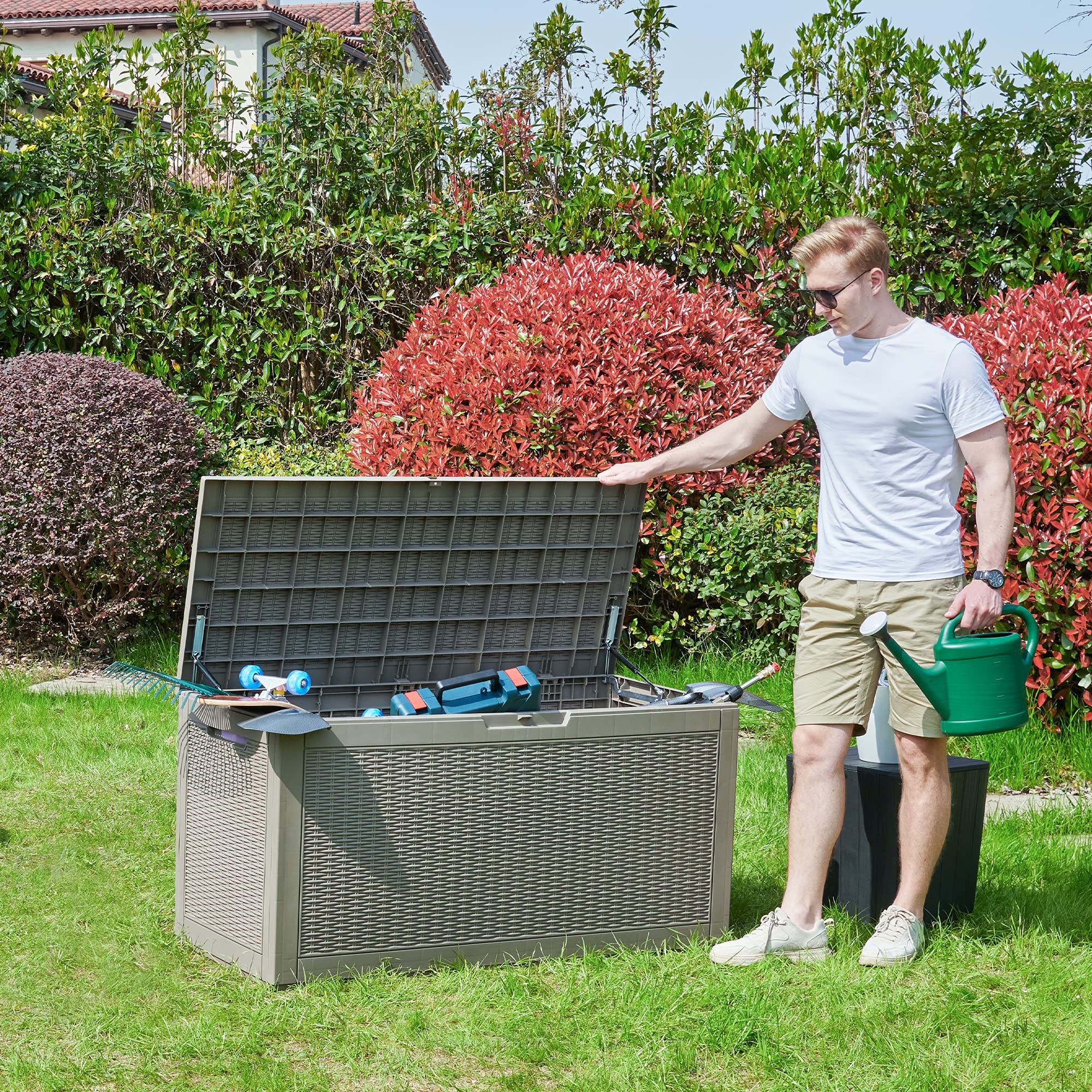 YITAHOME deck box with stacked cushions showing generous 100 gallon capacity benefit
