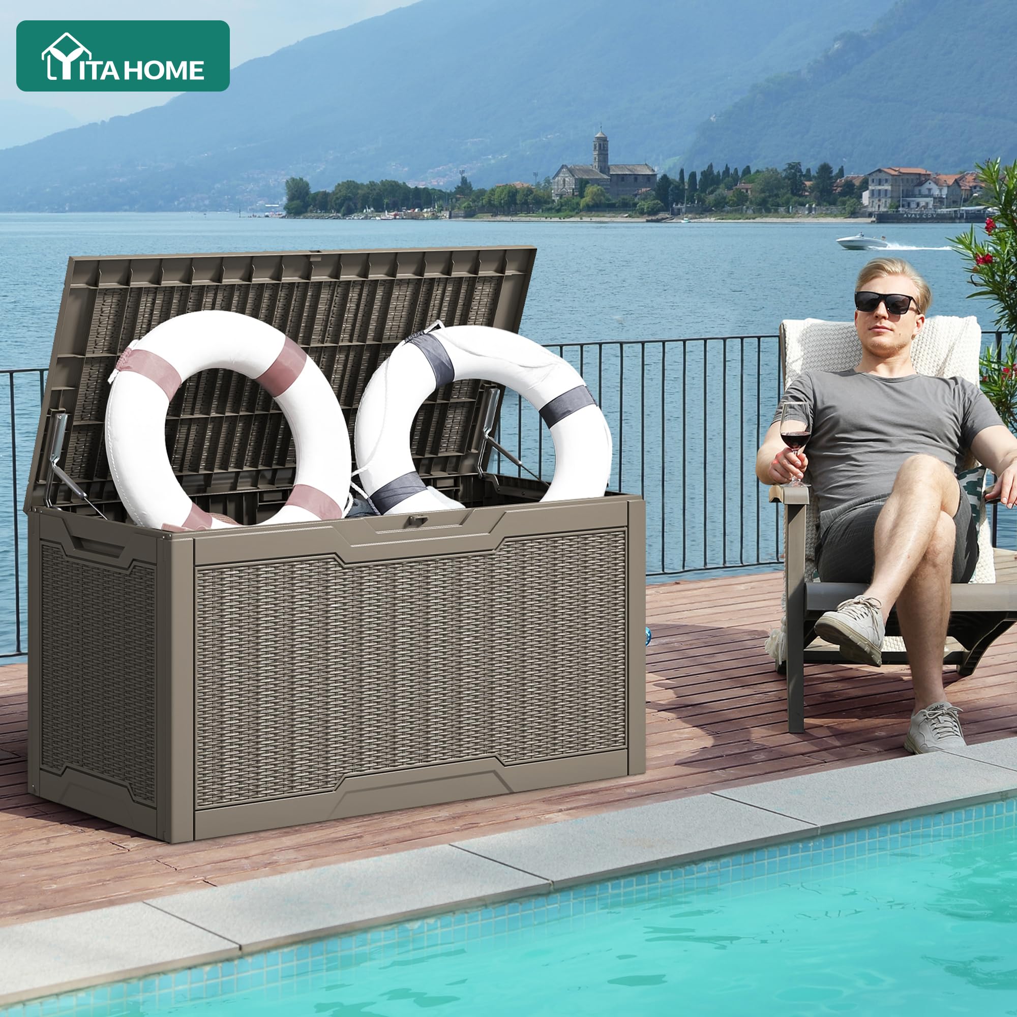 YITAHOME deck box used as bench seating showing comfortable extra seat benefit