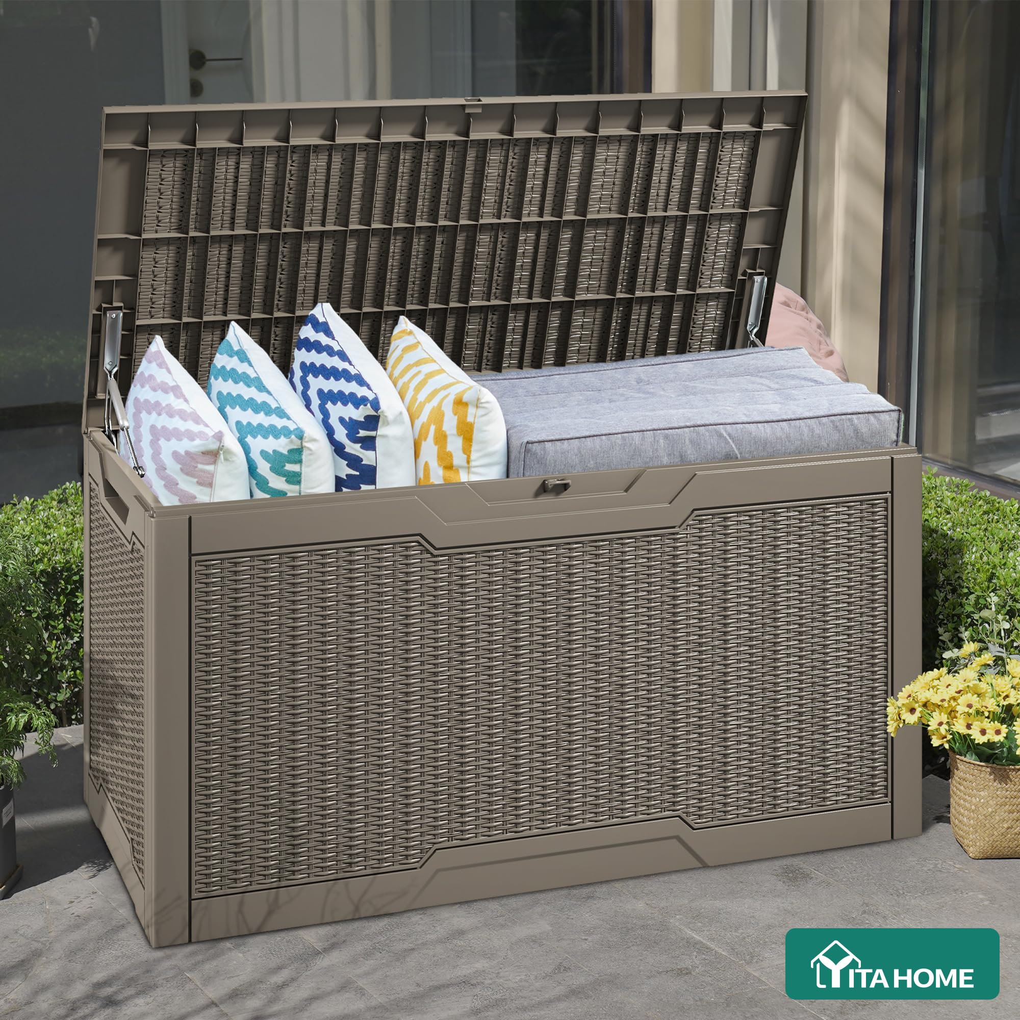 YITAHOME deck box in patio lifestyle scene illustrating organized outdoor space benefit