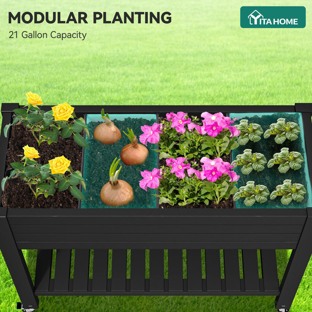 YITAHOME lower shelf shown storing tools and pots for organized gardening