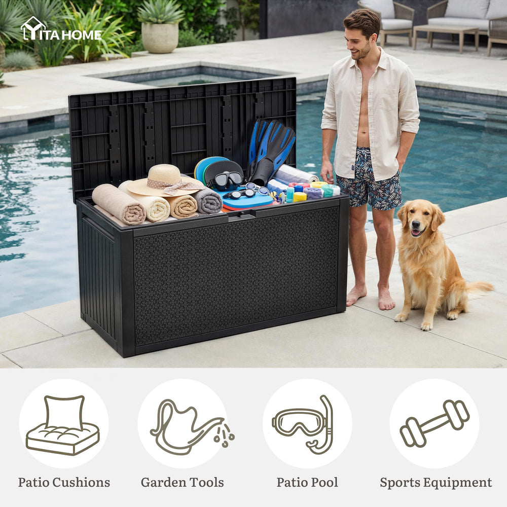 YITAHOME deck box on patio in lifestyle scene improving outdoor organization instantly