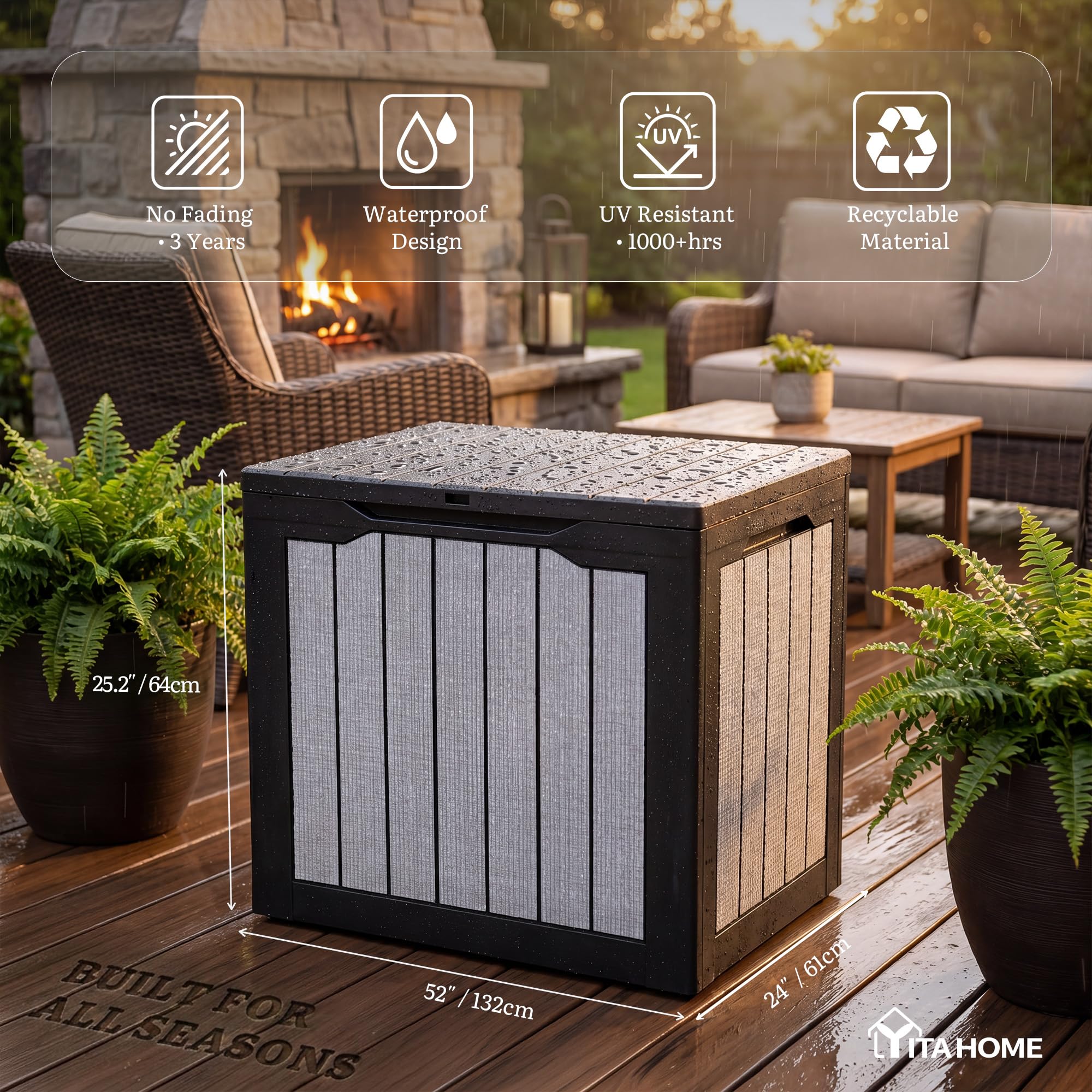 YITAHOME open deck box interior showing 35 gallon capacity and organized storage benefit