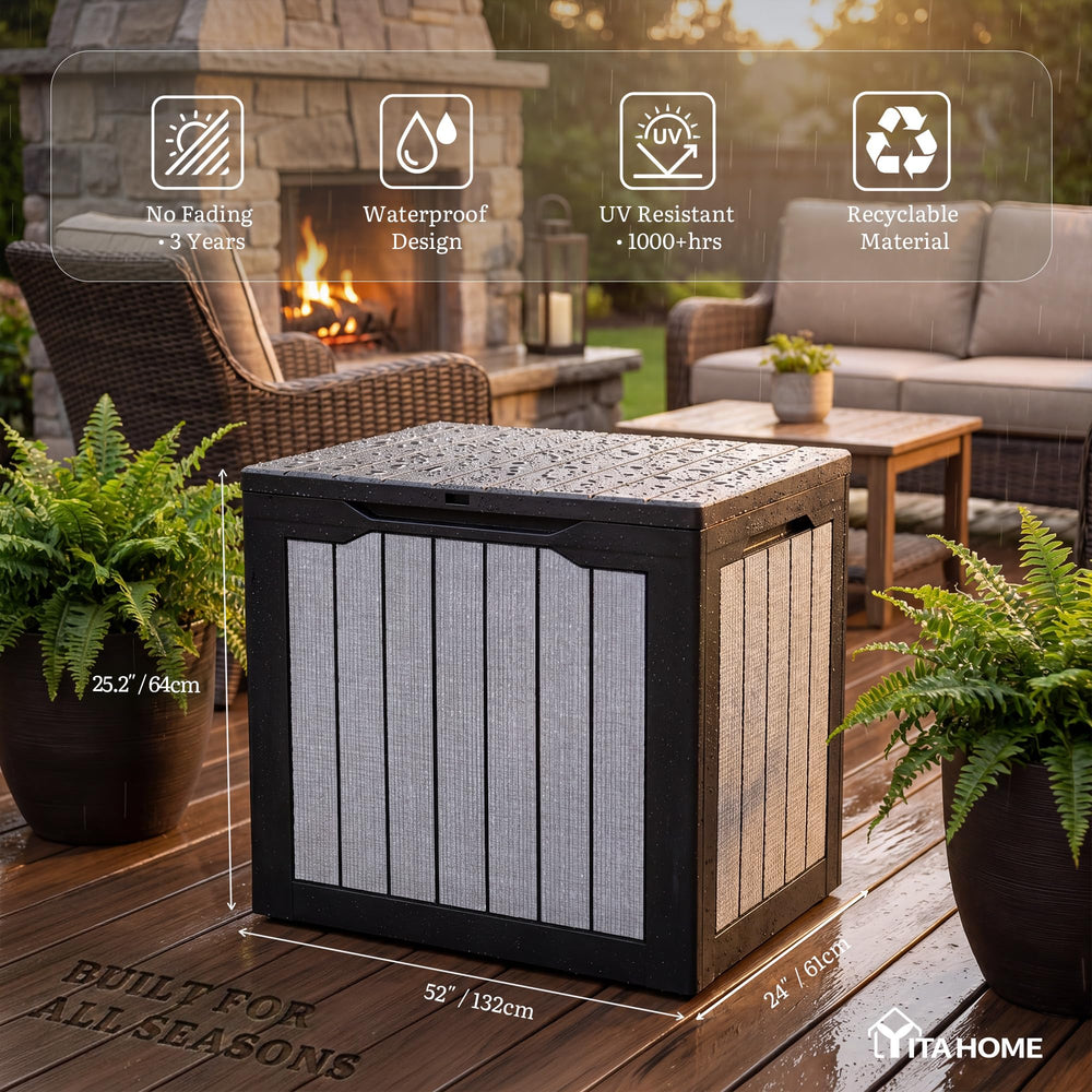 YITAHOME open deck box interior showing 35 gallon capacity and organized storage benefit