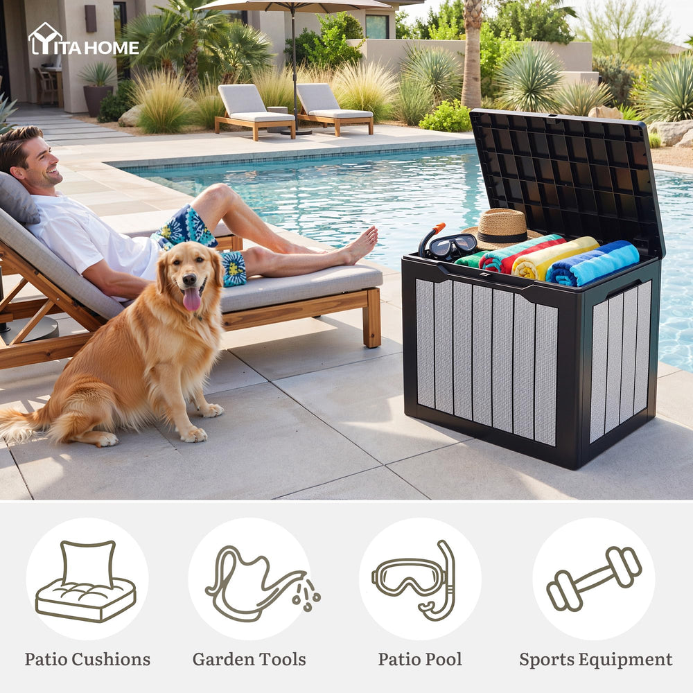 YITAHOME deck box next to chair showing size scale and space-saving benefit