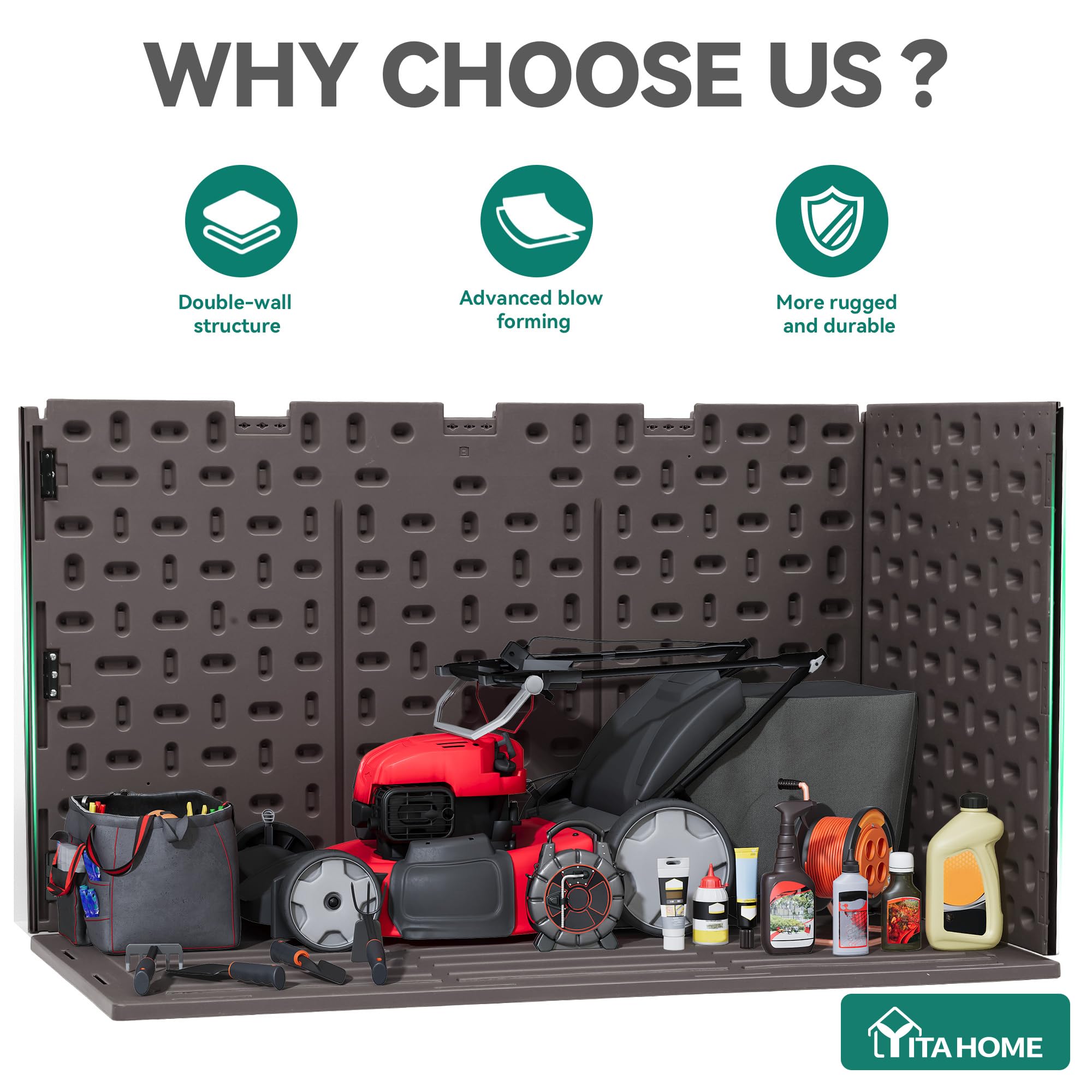 YITAHOME deck box used as seating holding people to show 990 lb capacity