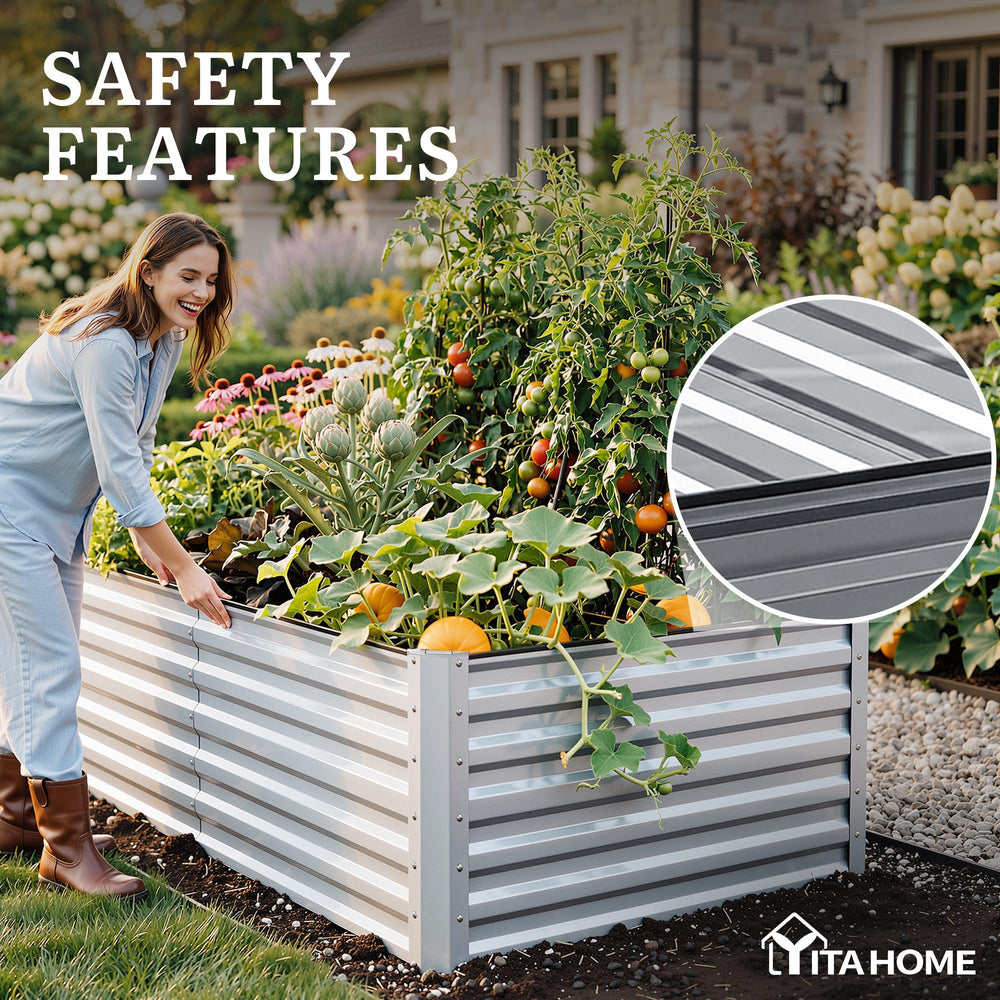 YITAHOME bed beside garden tools showing scale and 8x4 foot footprint advantage