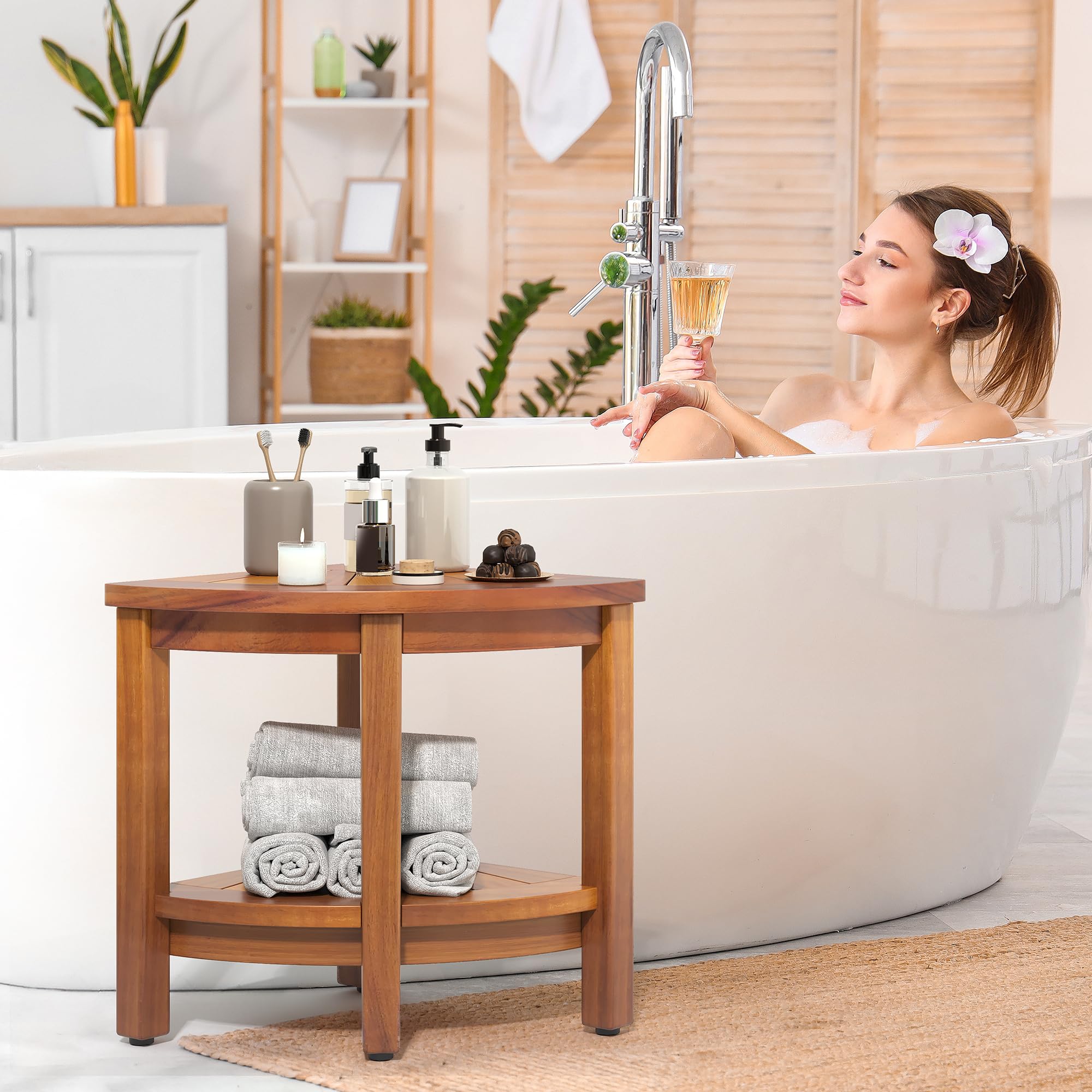YITAHOME stool next to tiles showing scale and compact footprint benefit