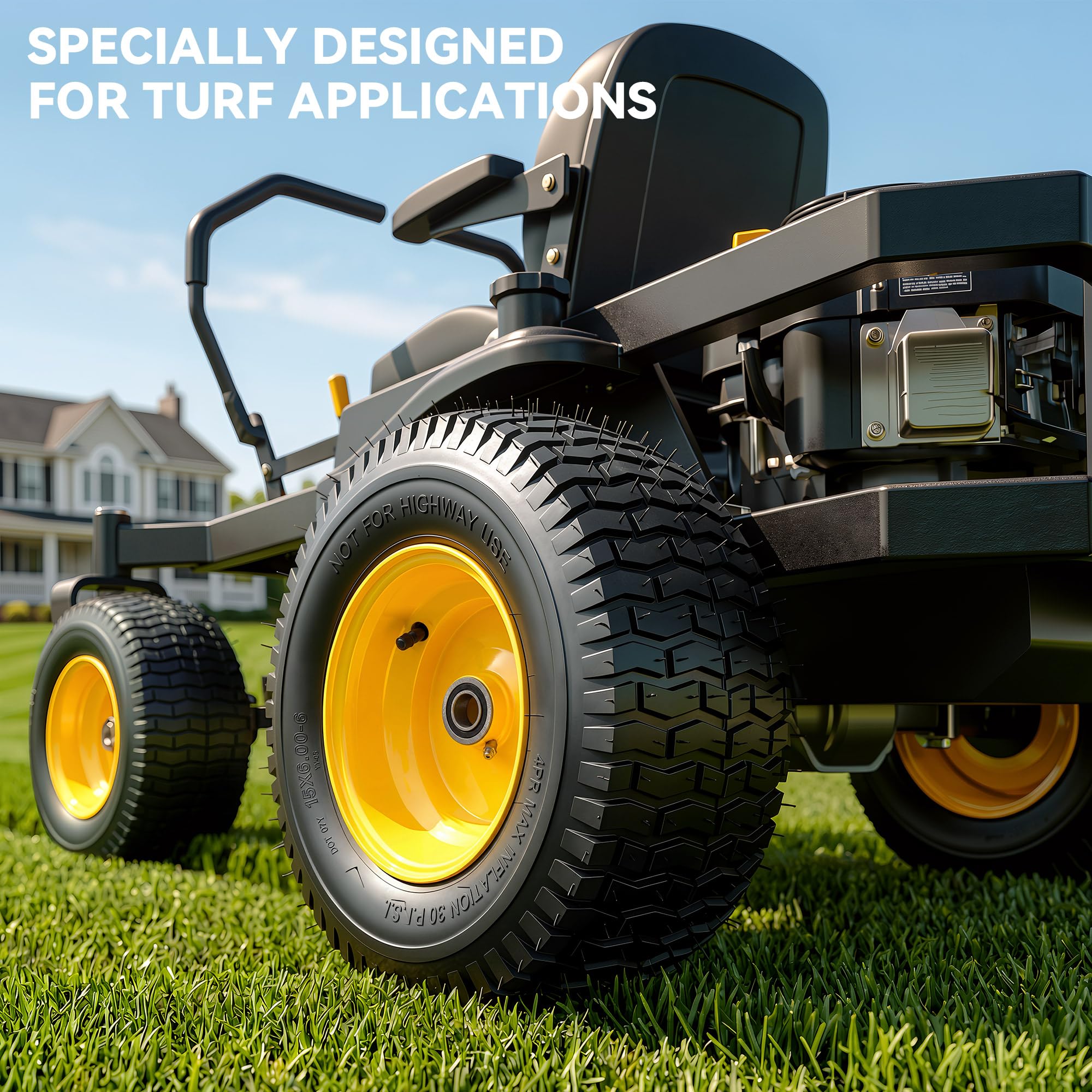 YITAMOTOR wheel installed on ride-on mower demonstrating direct bolt-on replacement