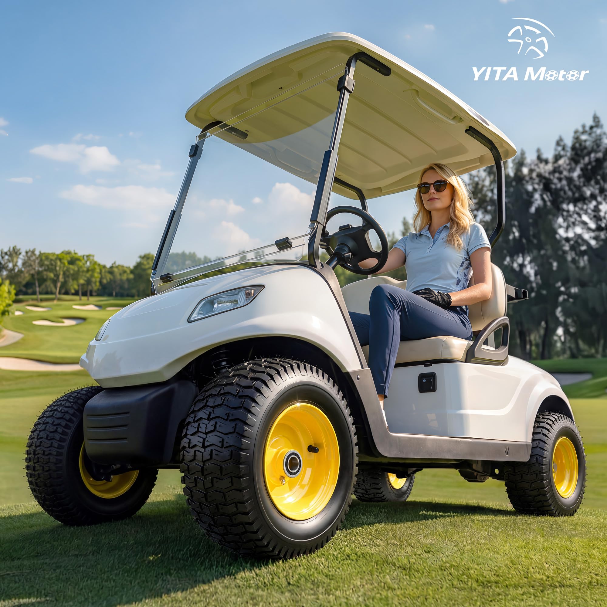 YITAMOTOR lifestyle shot mowing yard highlighting quieter, turf-friendly ride