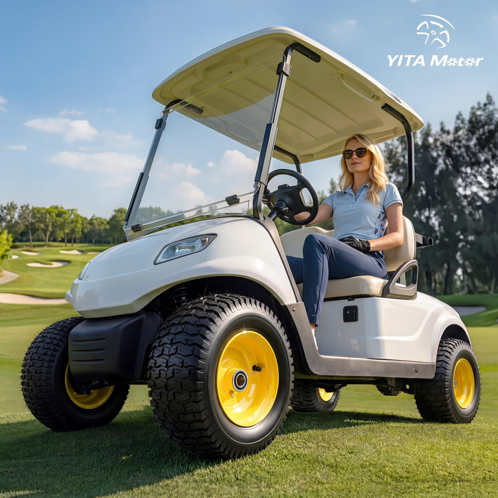 YITAMOTOR lifestyle shot mowing yard highlighting quieter, turf-friendly ride