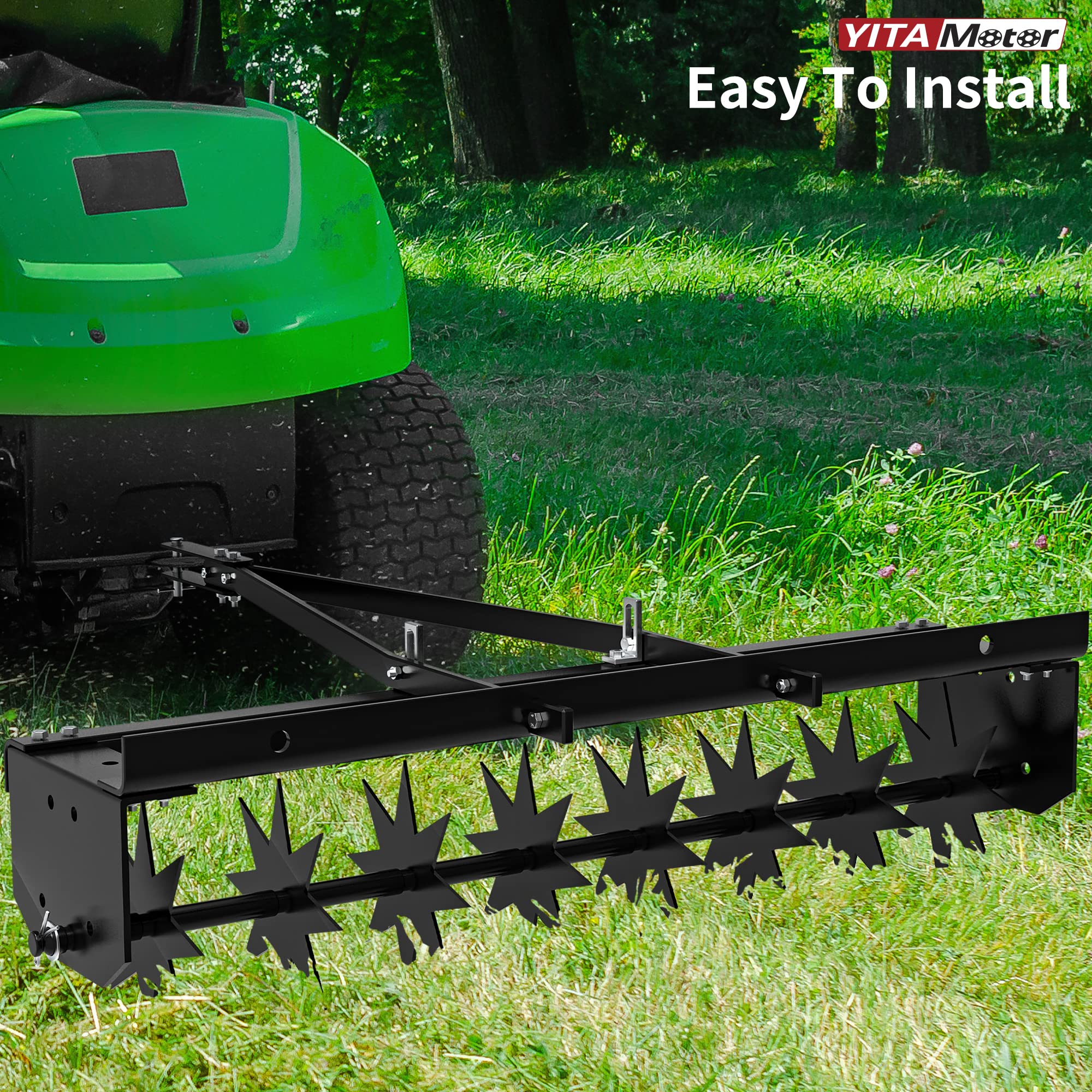 YITAMOTOR aerator next to lawn tractor showing 32-inch working width scale