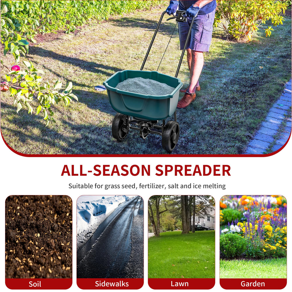 YITAMOTOR spreader in use applying seed evenly across a residential lawn