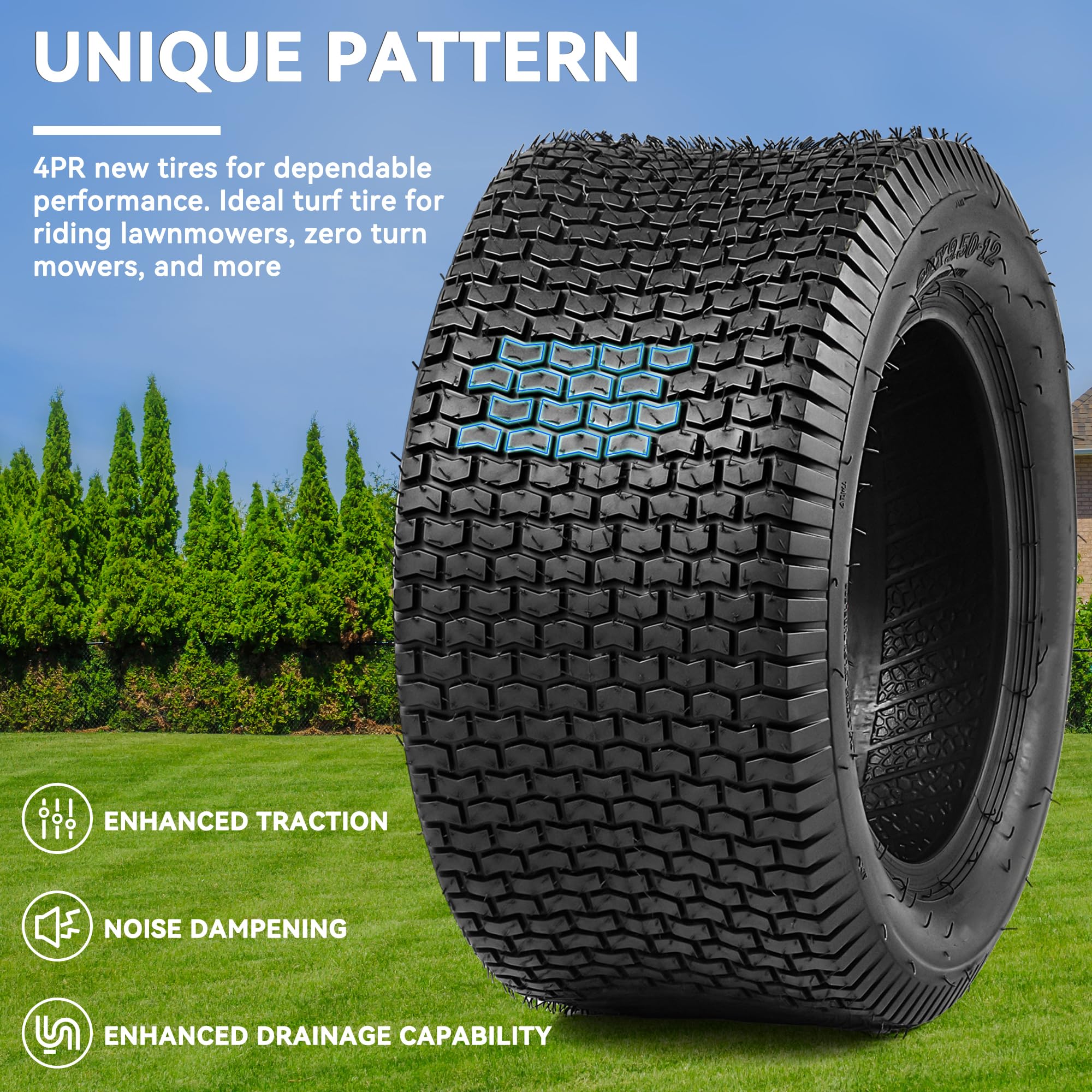 YITAMOTOR close-up of tread pattern offering traction and minimal grass damage