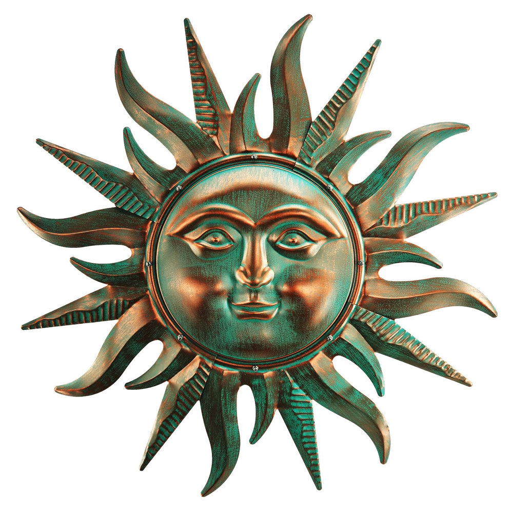 YIWEMON front view of verdigris sun decor shows focal design and vibrant appeal