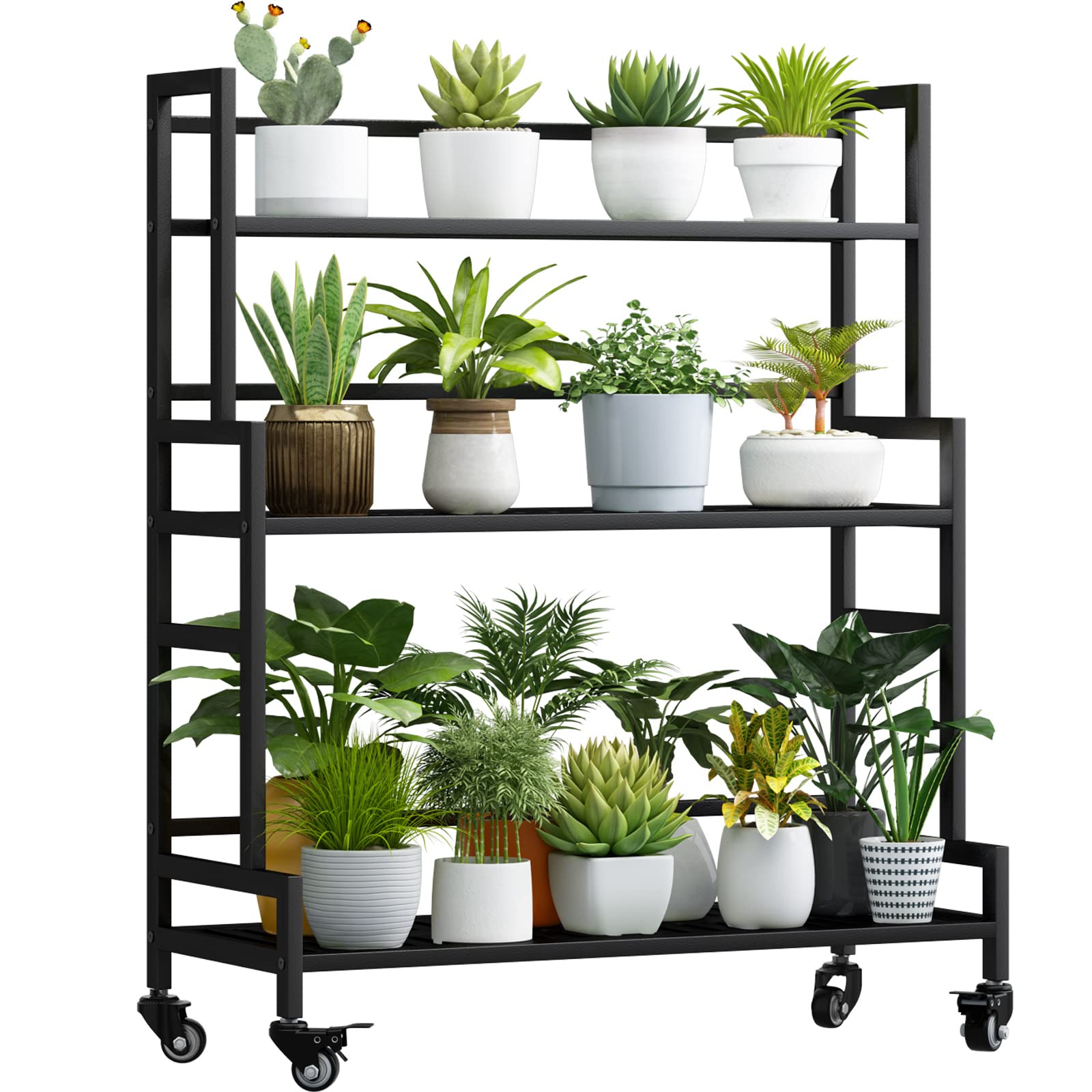 YIZAIJIA front view of 3-tier plant stand showing stable metal tiers and neat organization