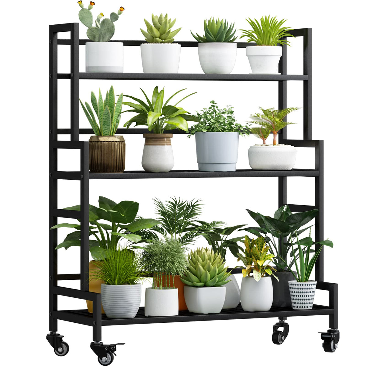YIZAIJIA front view of 3-tier plant stand showing stable metal tiers and neat organization