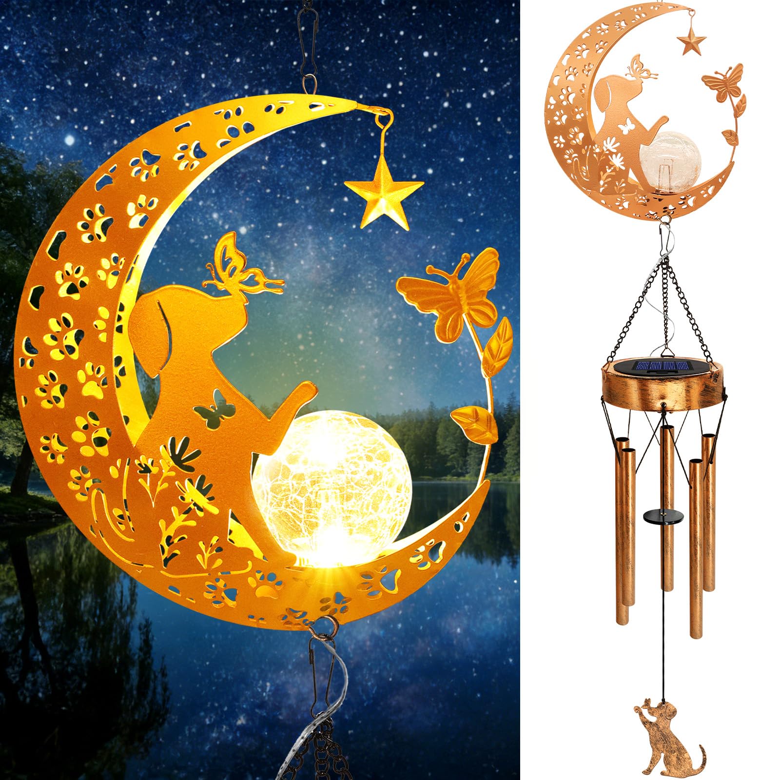 YJFWAL front view of solar moon dog wind chimes showing night glow benefit