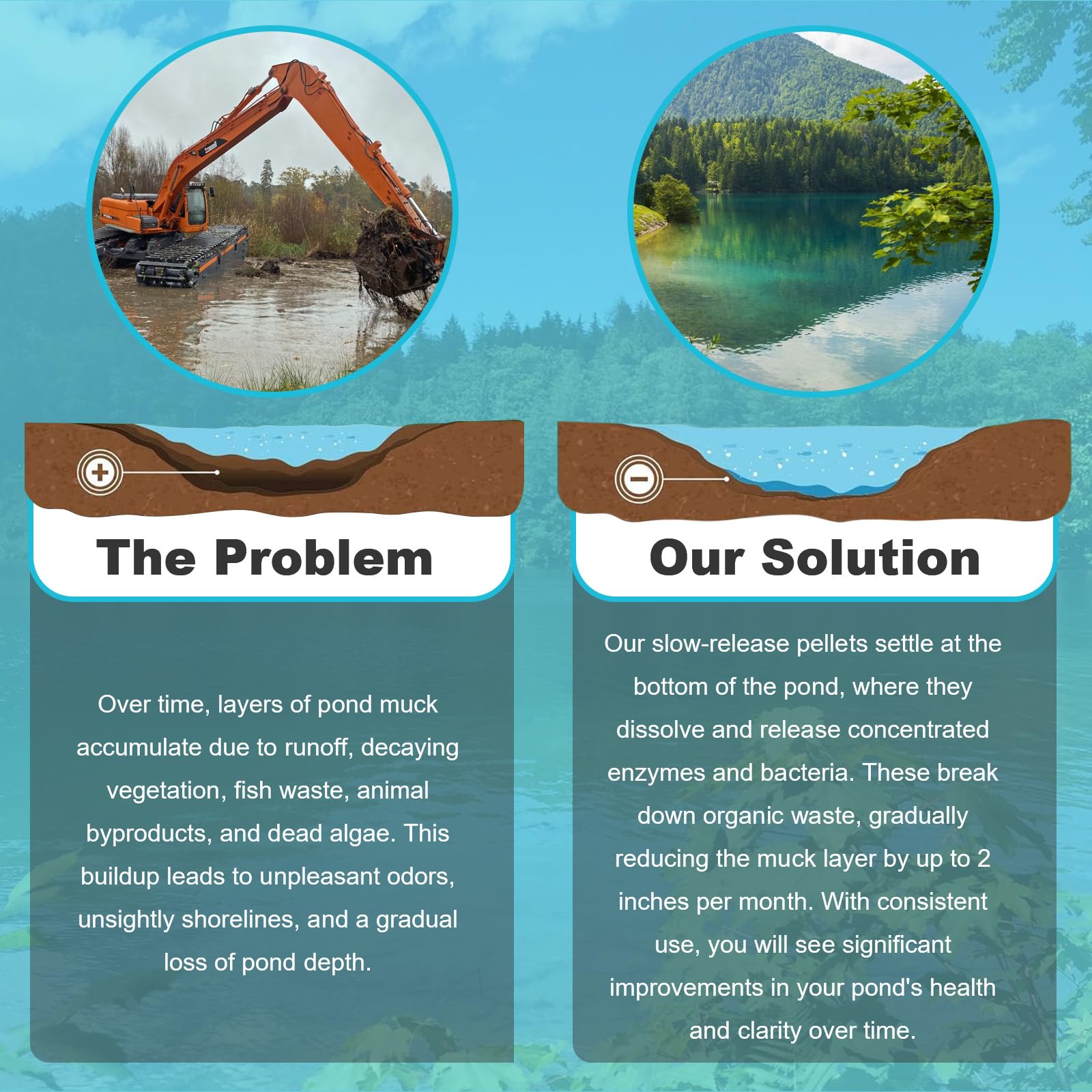 YJOJZR pond before and after scene illustrating improved clarity and reduced odors