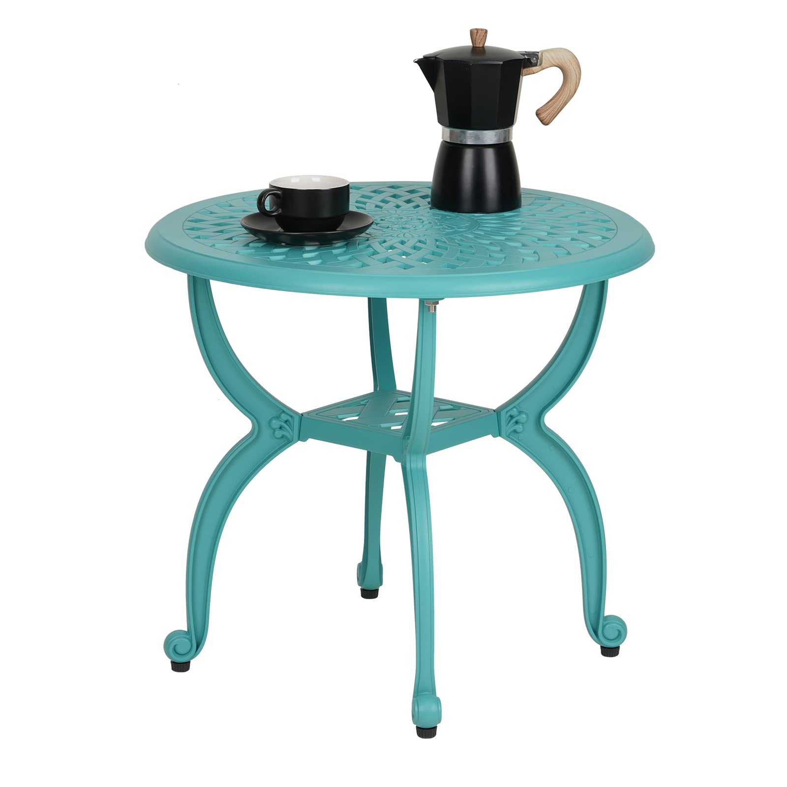YKSY&YKSY front view of blue cast-aluminum table showing durable design and curb appeal