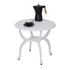 YKSY&YKSY front view of round white outdoor side table showing elegant profile and stability