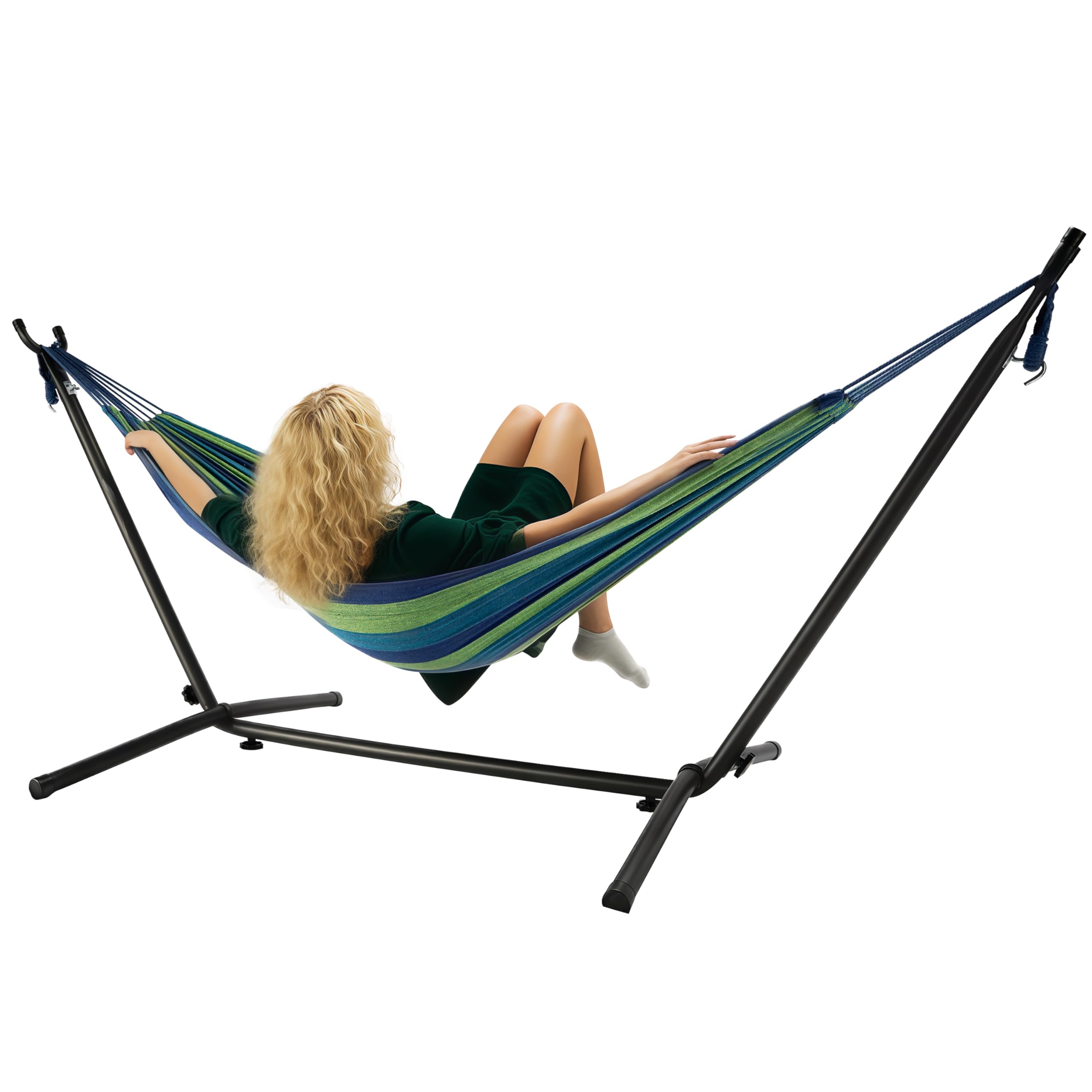 YKTEEDENS front view of freestanding blue hammock showing full setup and comfort