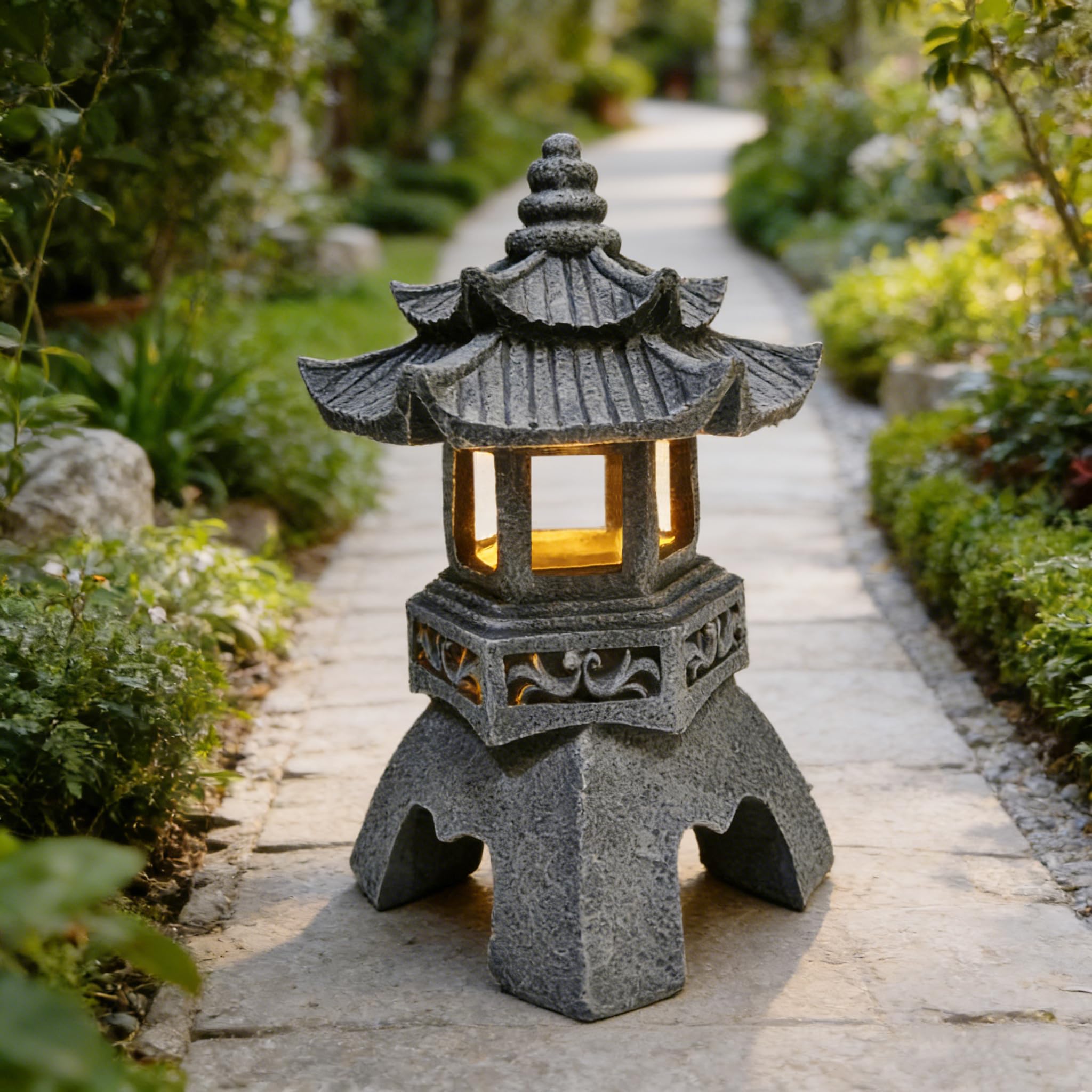 YLSMILE pagoda front view showing warm glow and serene presence
