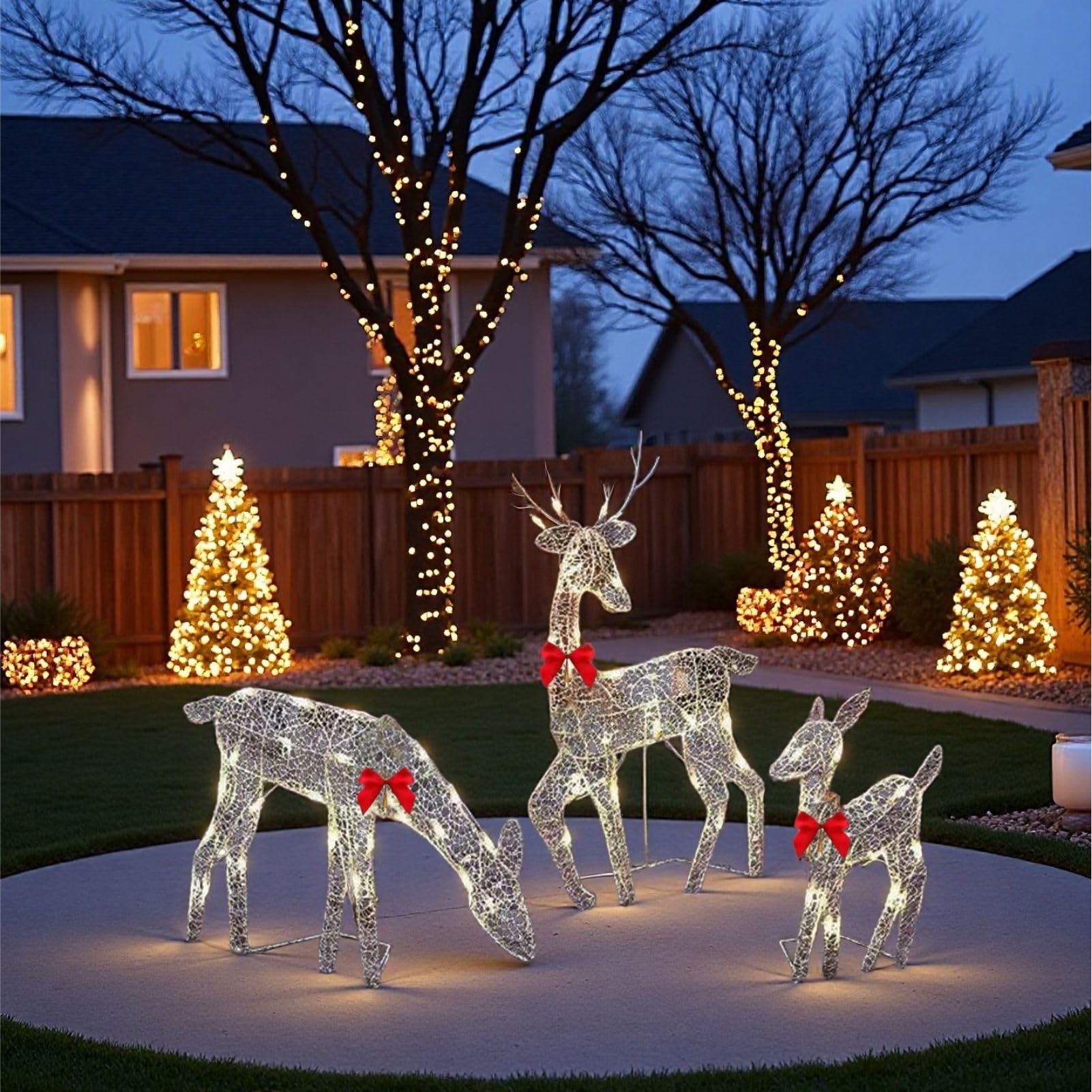 YLXFHO front view of three golden deer family showing warm lighting and curb appeal