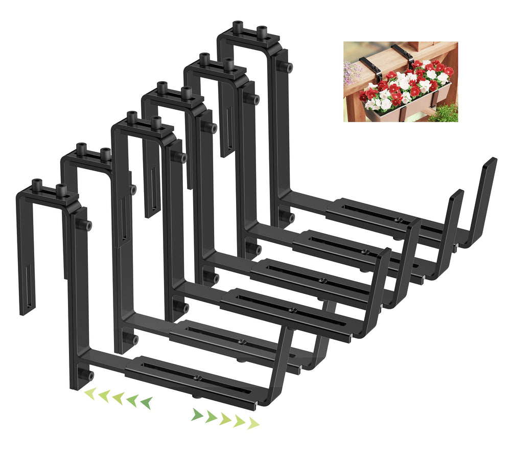 Y&M front view of six adjustable window box brackets showing steel finish and hardware benefits