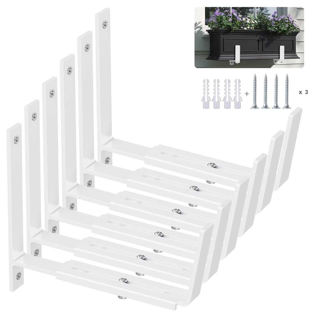 Y&M front view of six white adjustable planter brackets showing stability benefit