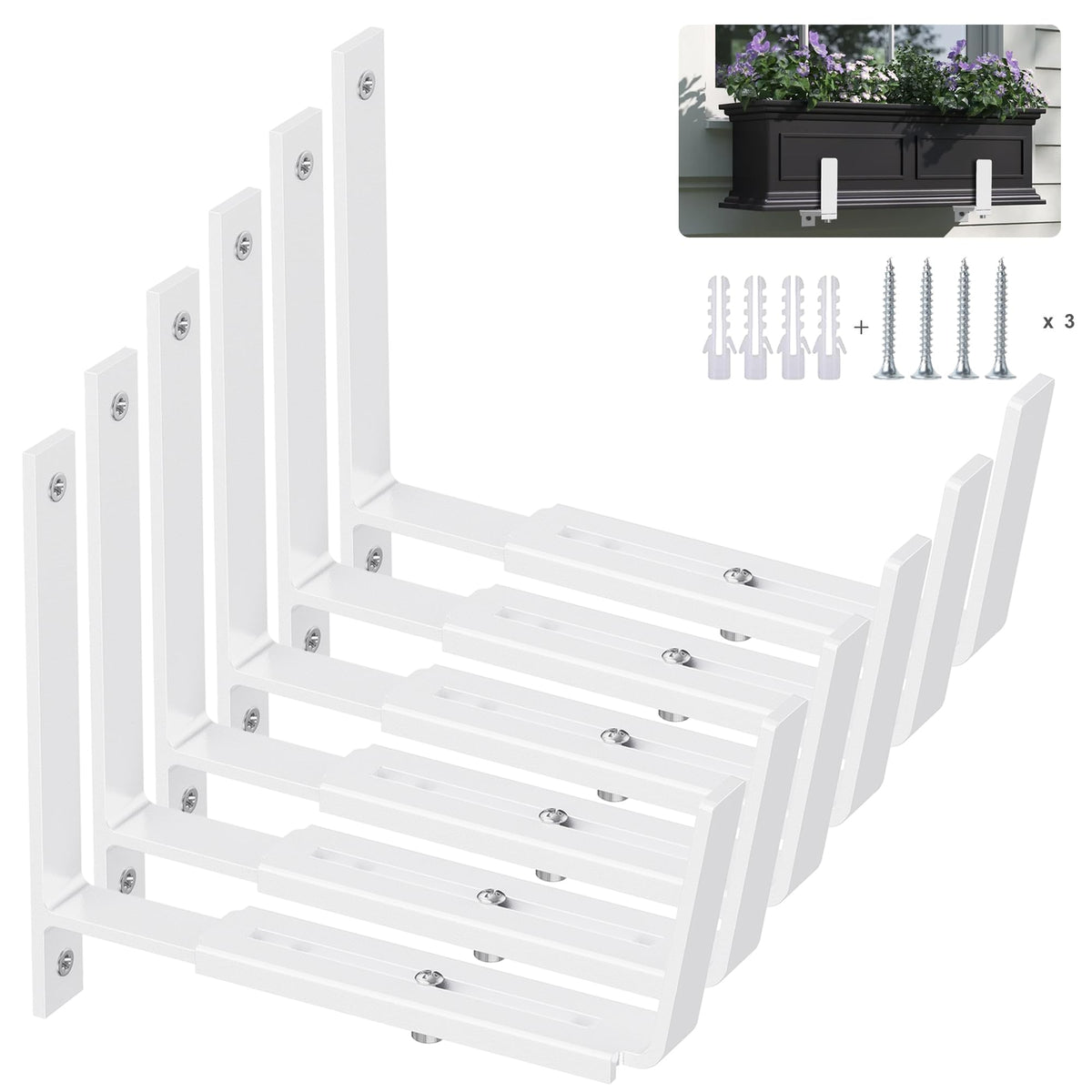 Y&M front view of six white adjustable planter brackets showing stability benefit