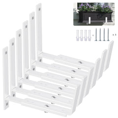 Y&M front view of six white adjustable planter brackets showing stability benefit