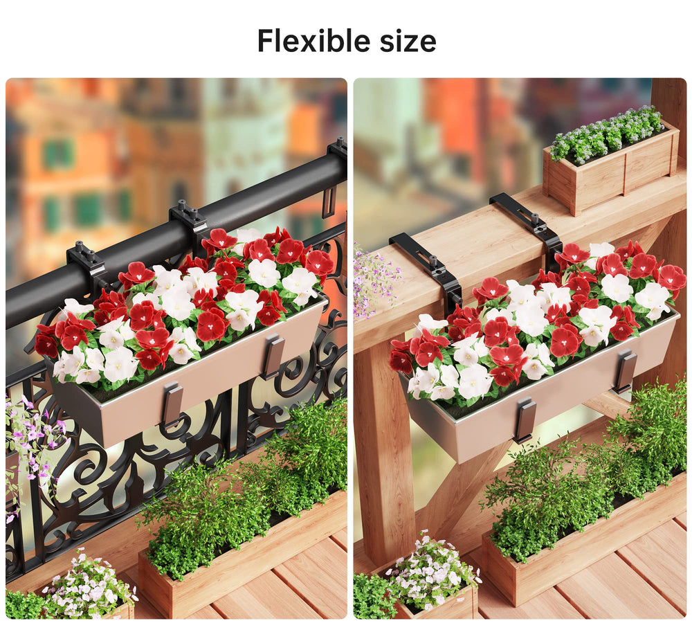Y&M brackets mounted on balcony railing holding planter to show secure outdoor display benefit