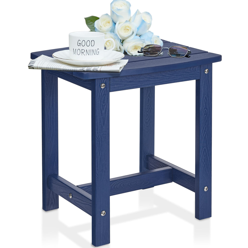 Y&M navy blue outdoor side table front view showing compact, sturdy surface