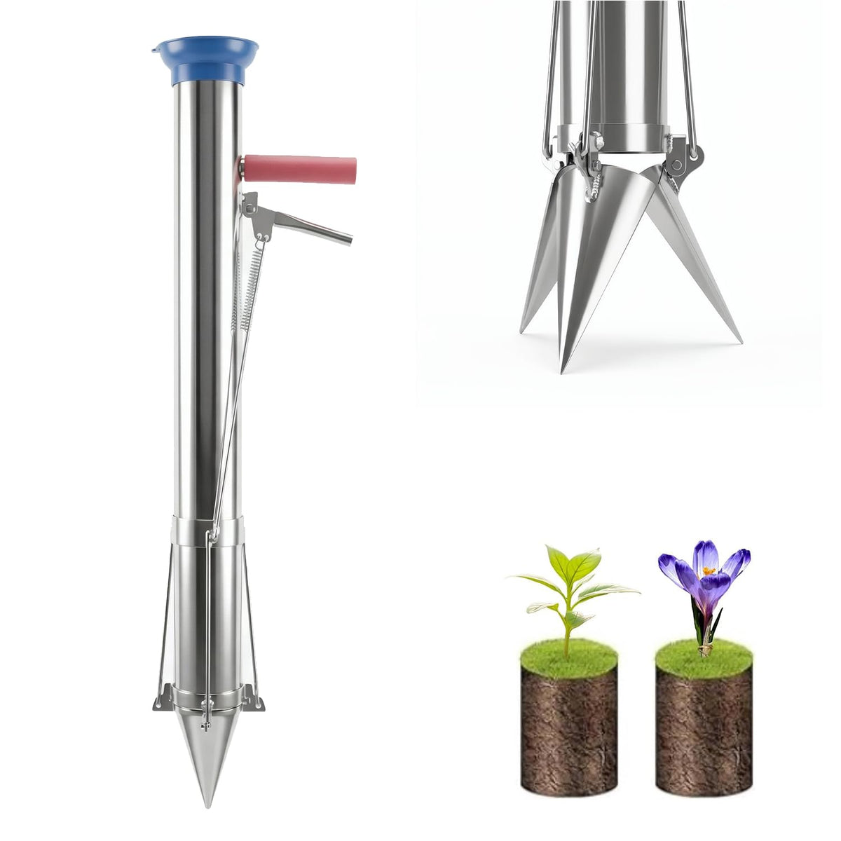 Ymachray front view of long-handled bulb planter showing full tool and benefits