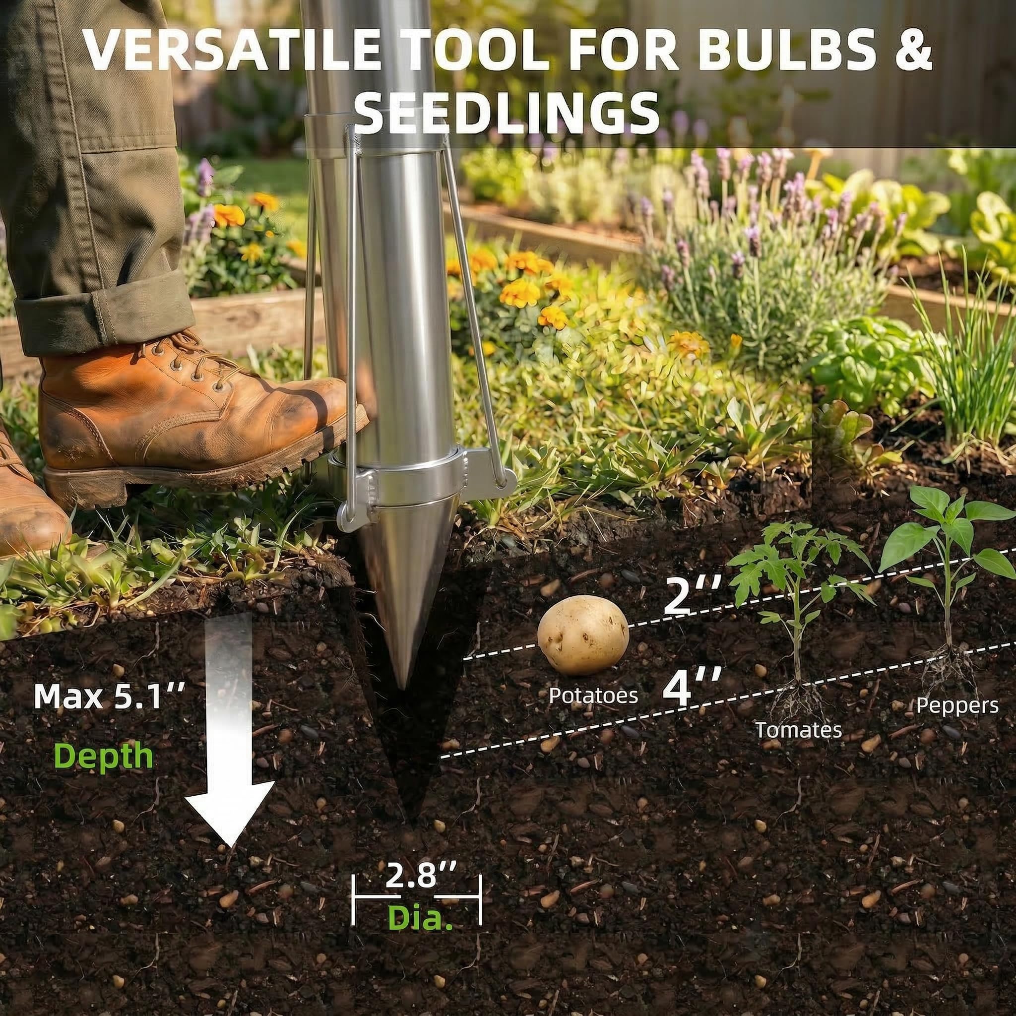 Ymachray gardener using planter in bed to reduce bending and time