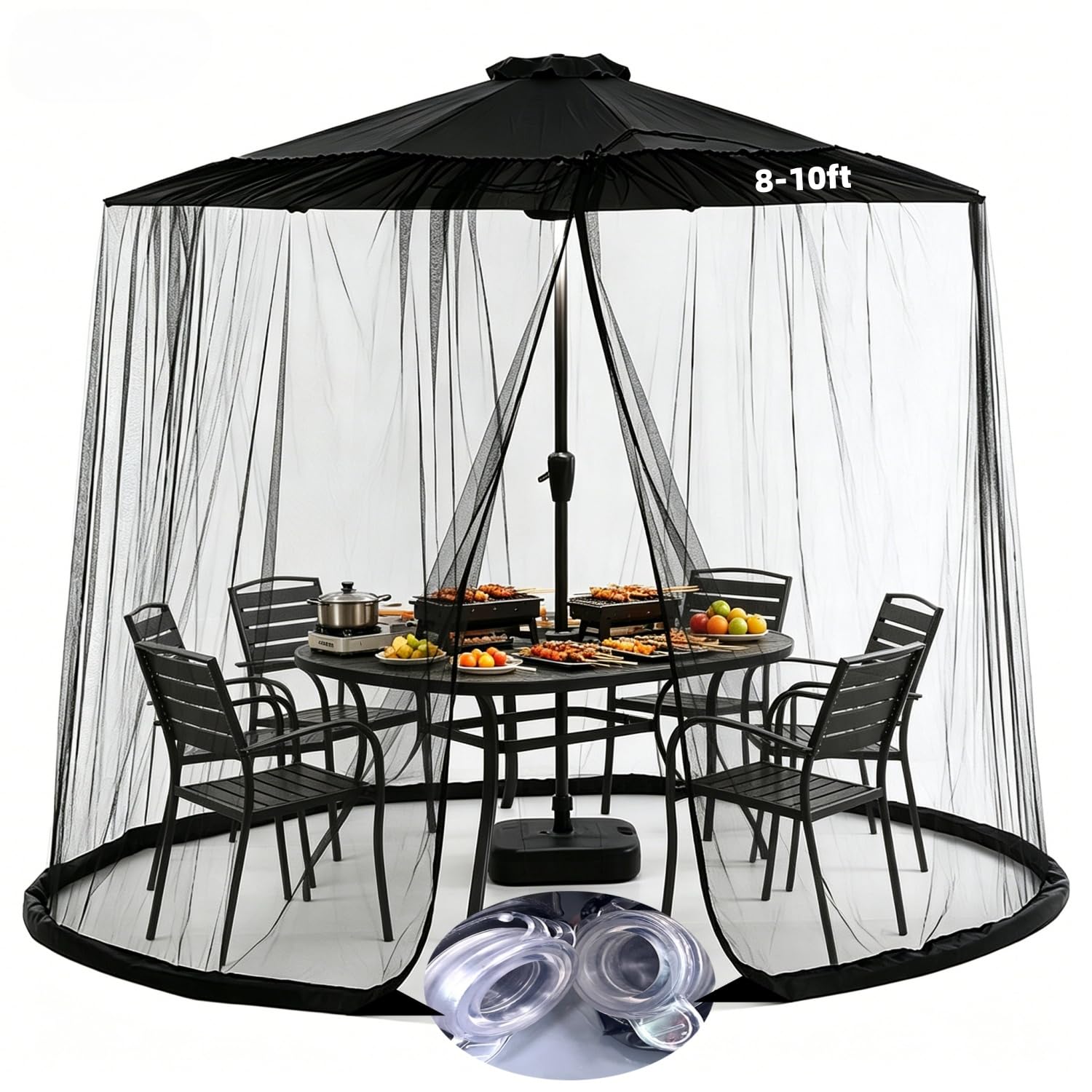 Ynabxptrix front view showing net on 10ft umbrella protecting seating