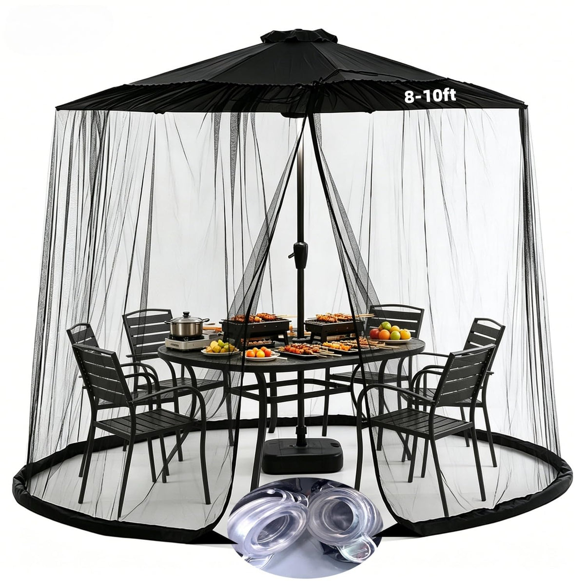 Ynabxptrix front view showing net on 10ft umbrella protecting seating